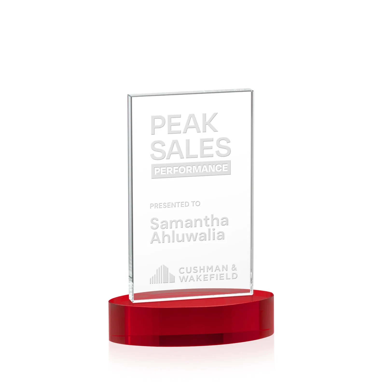 Branded Starfire Crystal Upright Award With Two Imprint Zones, awards for corporate award ceremonies