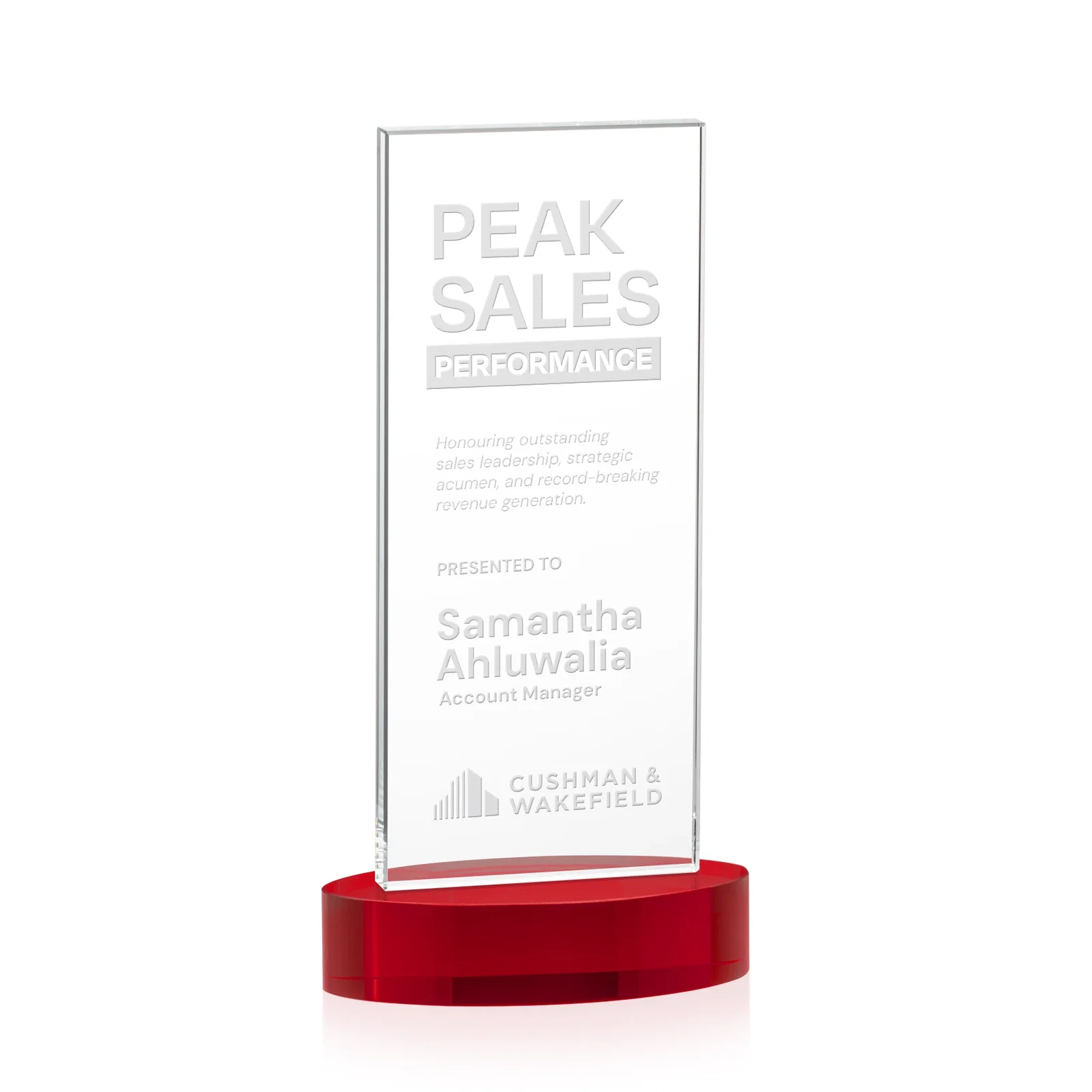 Branded Starfire Crystal Upright Award With Two Imprint Zones, awards for service anniversary gifts