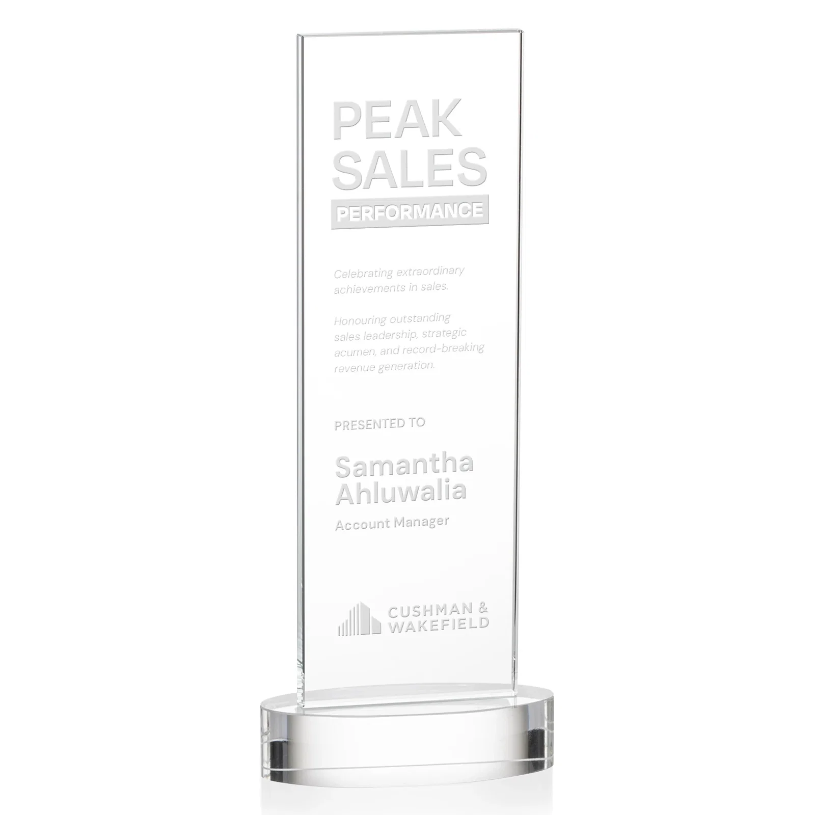 Custom Starfire Crystal Upright Award With Two Imprint Zones, awards for sales achievement awards