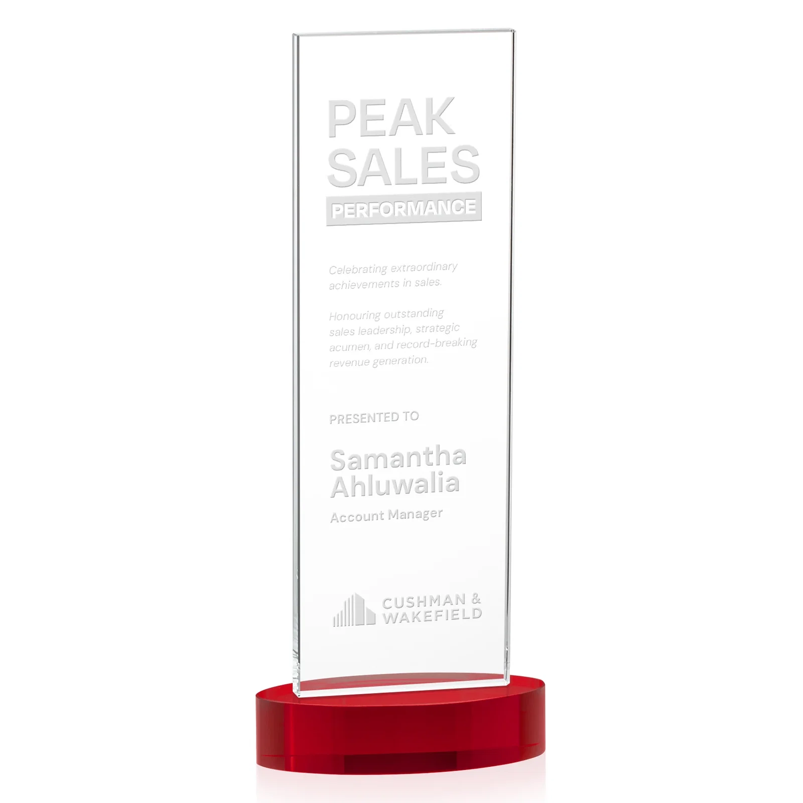 Branded Starfire Crystal Upright Award With Two Imprint Zones, awards for sales achievement awards