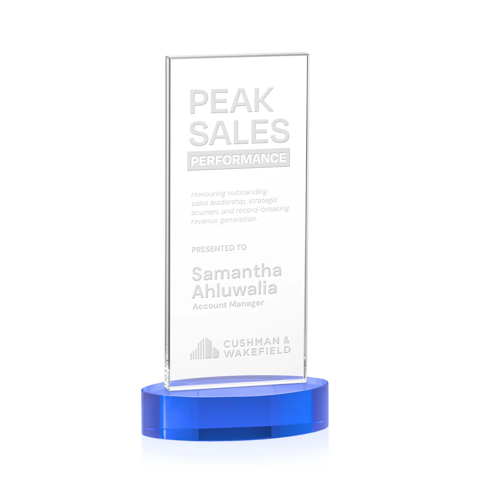 Branded Starfire Crystal Upright Award With Two Imprint Zones, awards for donor appreciation
