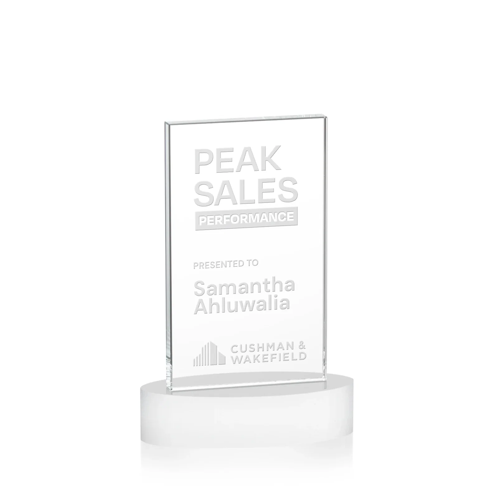 Branded Starfire Crystal Upright Award With Two Imprint Zones, awards for volunteer appreciation