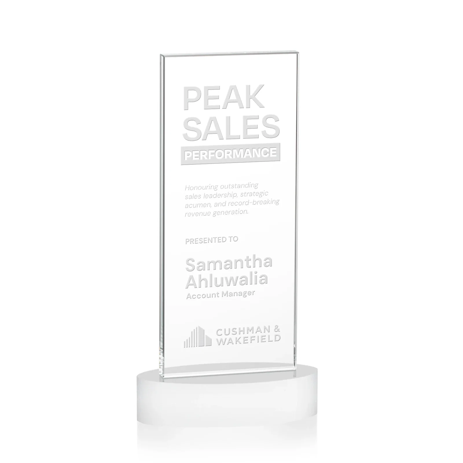 Branded Starfire Crystal Upright Award With Two Imprint Zones, awards for dealer and partner awards