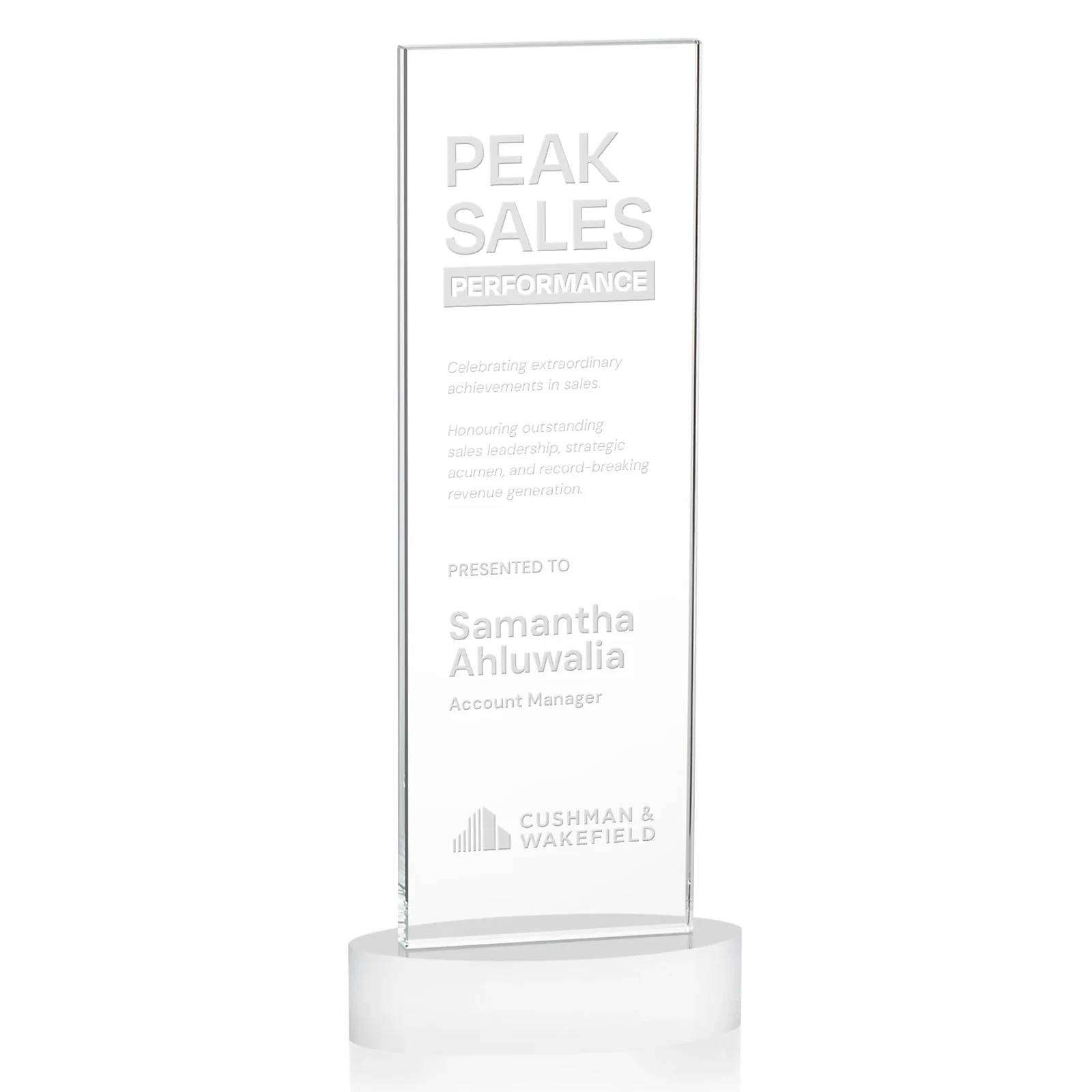 Branded Starfire Crystal Upright Award With Two Imprint Zones, awards for company anniversary events