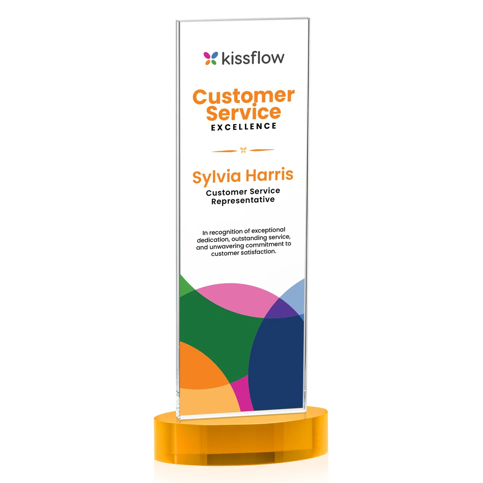 Custom printed Starfire Crystal Upright Award With Two Imprint Zones, awards for sales achievement awards