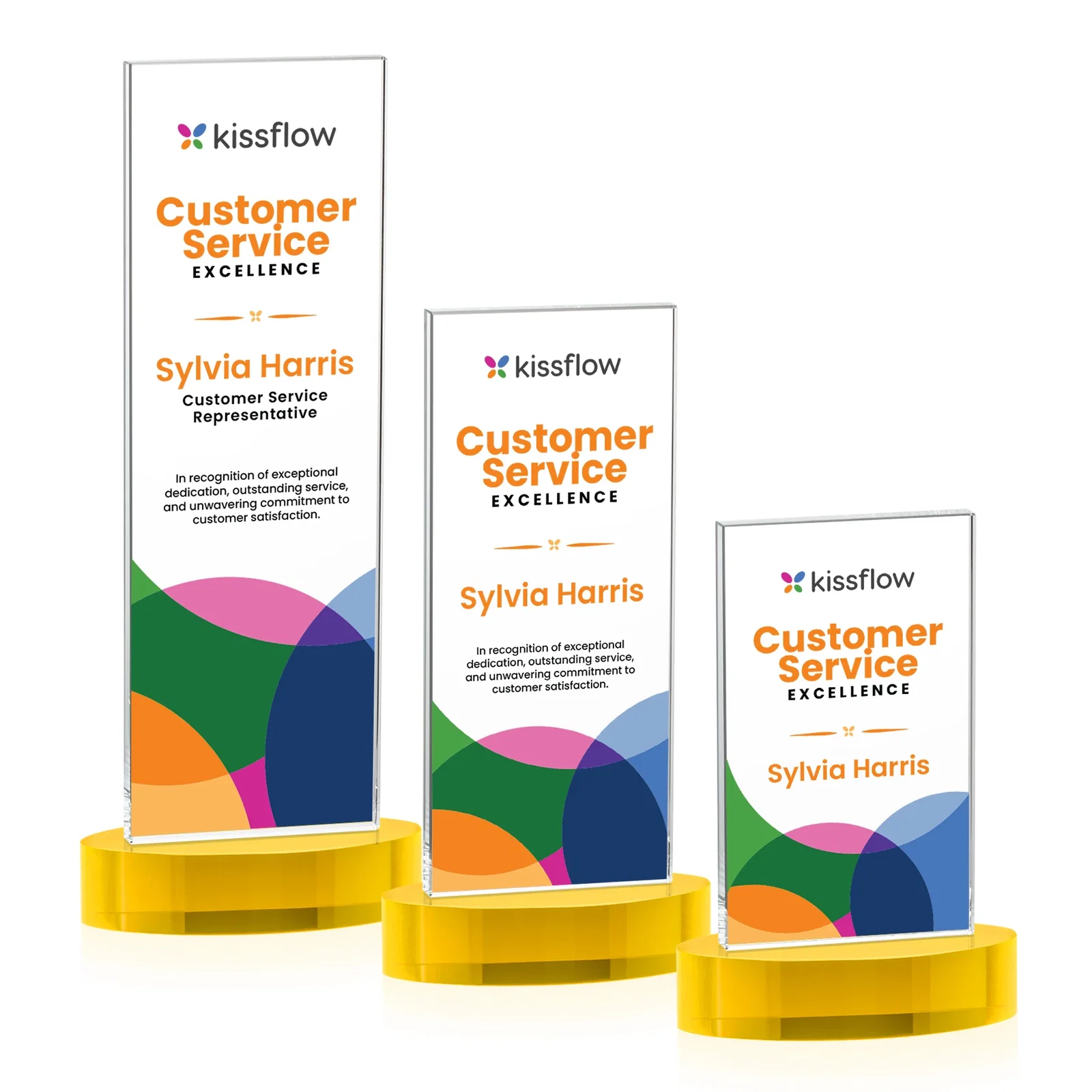 Custom printed Starfire Crystal Upright Award With Two Imprint Zones, awards for retirement presentations