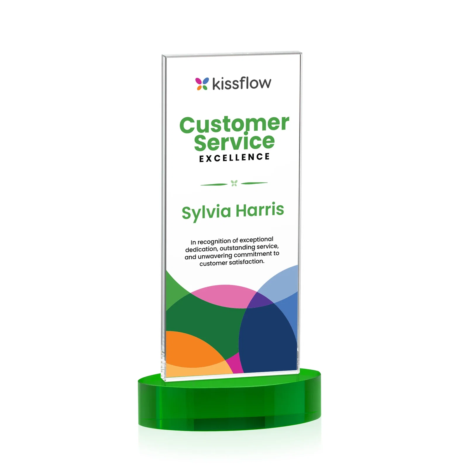 Custom printed Starfire Crystal Upright Award With Two Imprint Zones, awards for dealer and partner awards