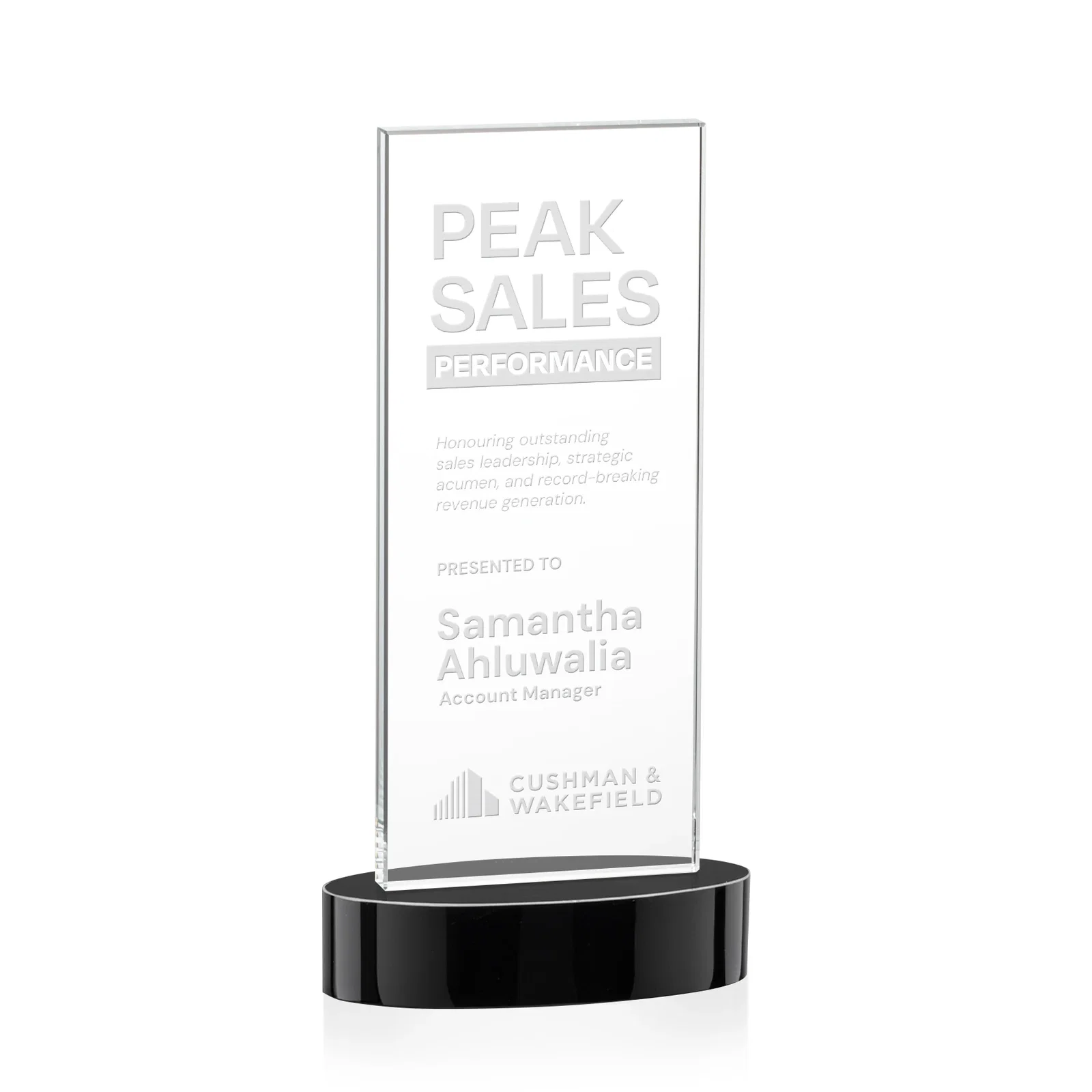 Custom Starfire Crystal Upright Award With Two Imprint Zones, awards for donor appreciation