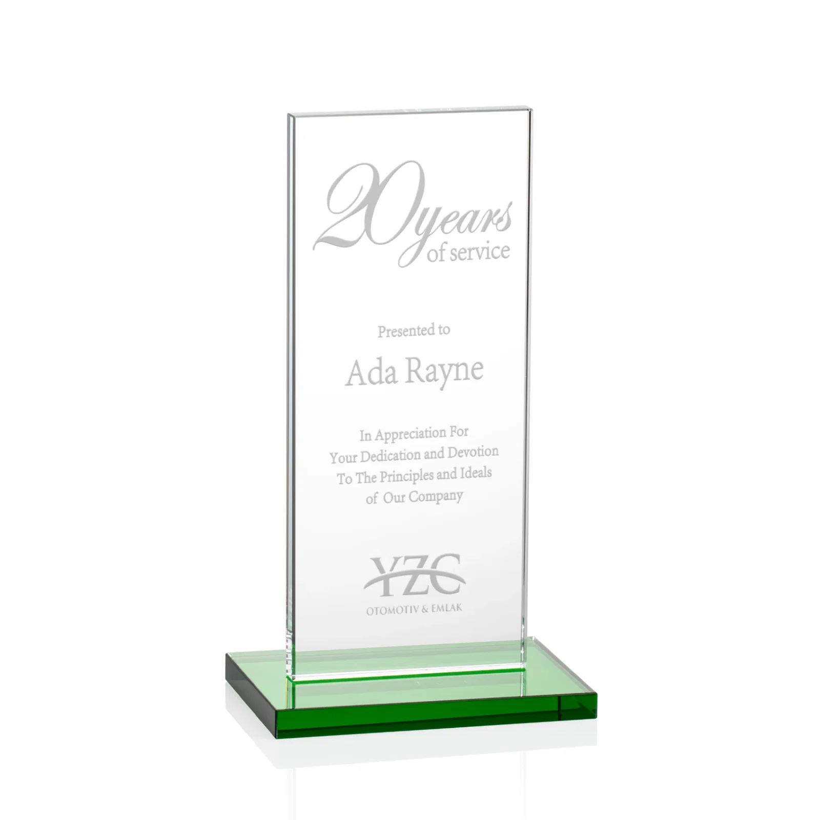 Custom Starfire Crystal Upright Award on Clear Base, awards for dealer and partner awards