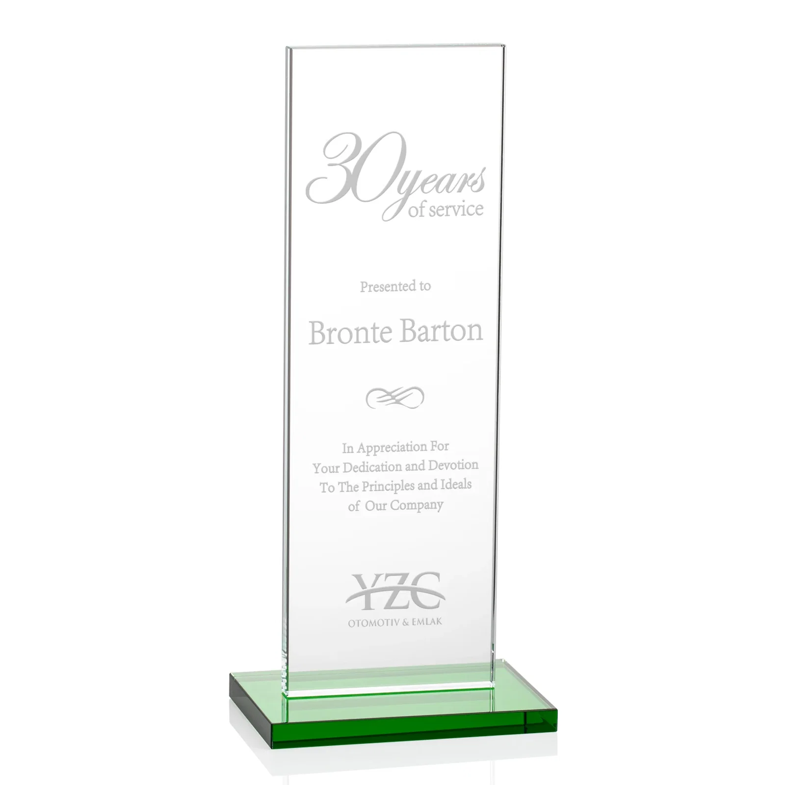 Custom Starfire Crystal Upright Award on Clear Base, awards for company anniversary events