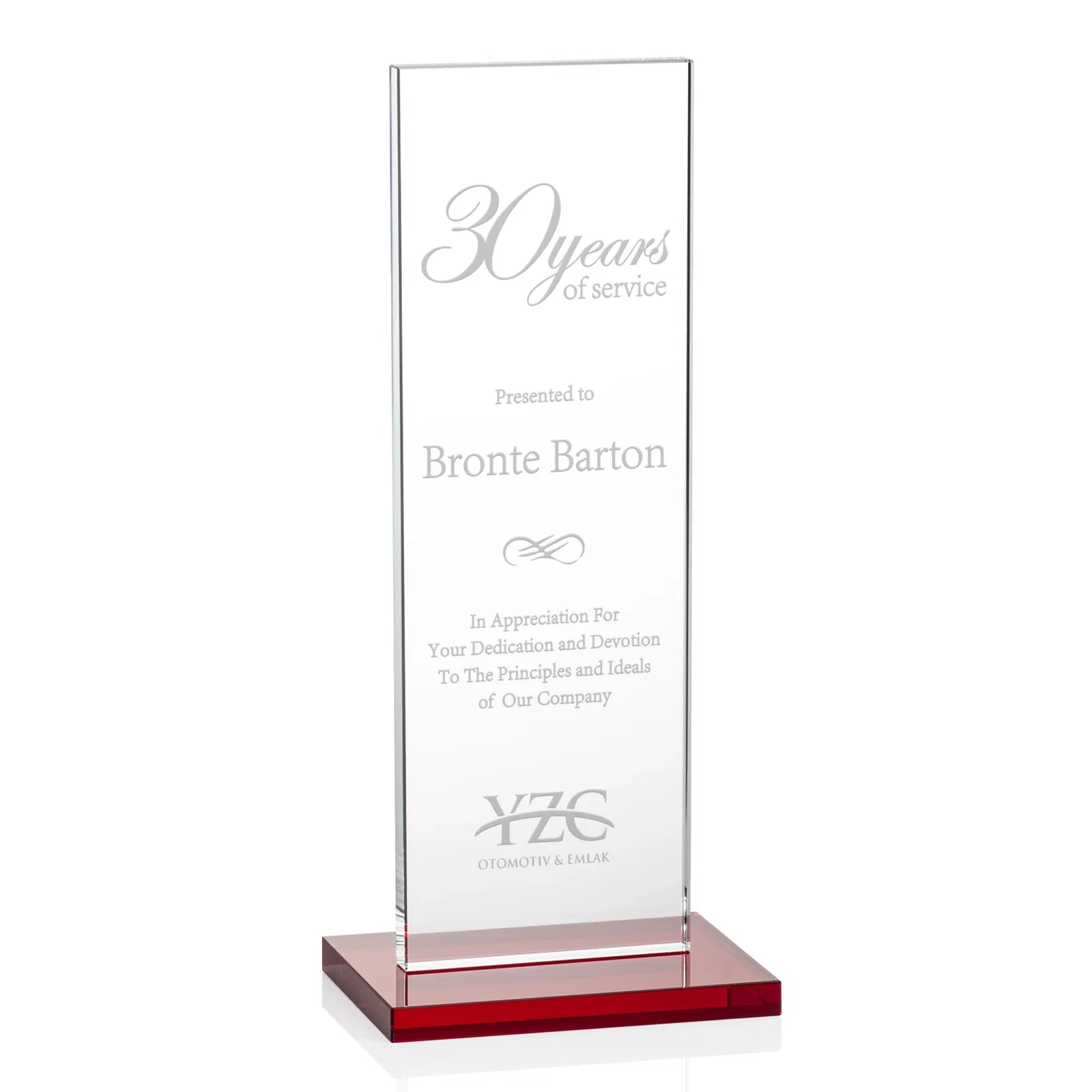 Personalized Starfire Crystal Upright Award on Clear Base, awards for company anniversary events