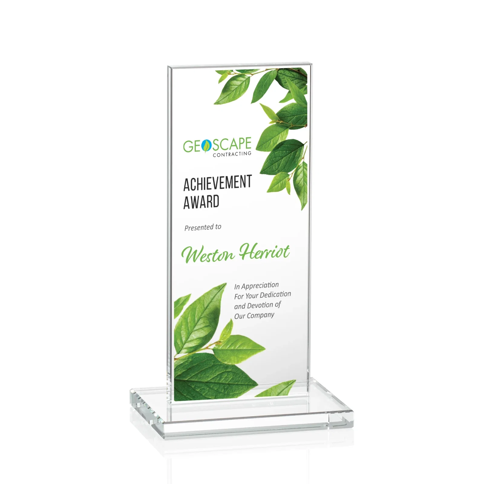 Promotional Starfire Crystal Upright Award on Clear Base, awards for dealer and partner awards