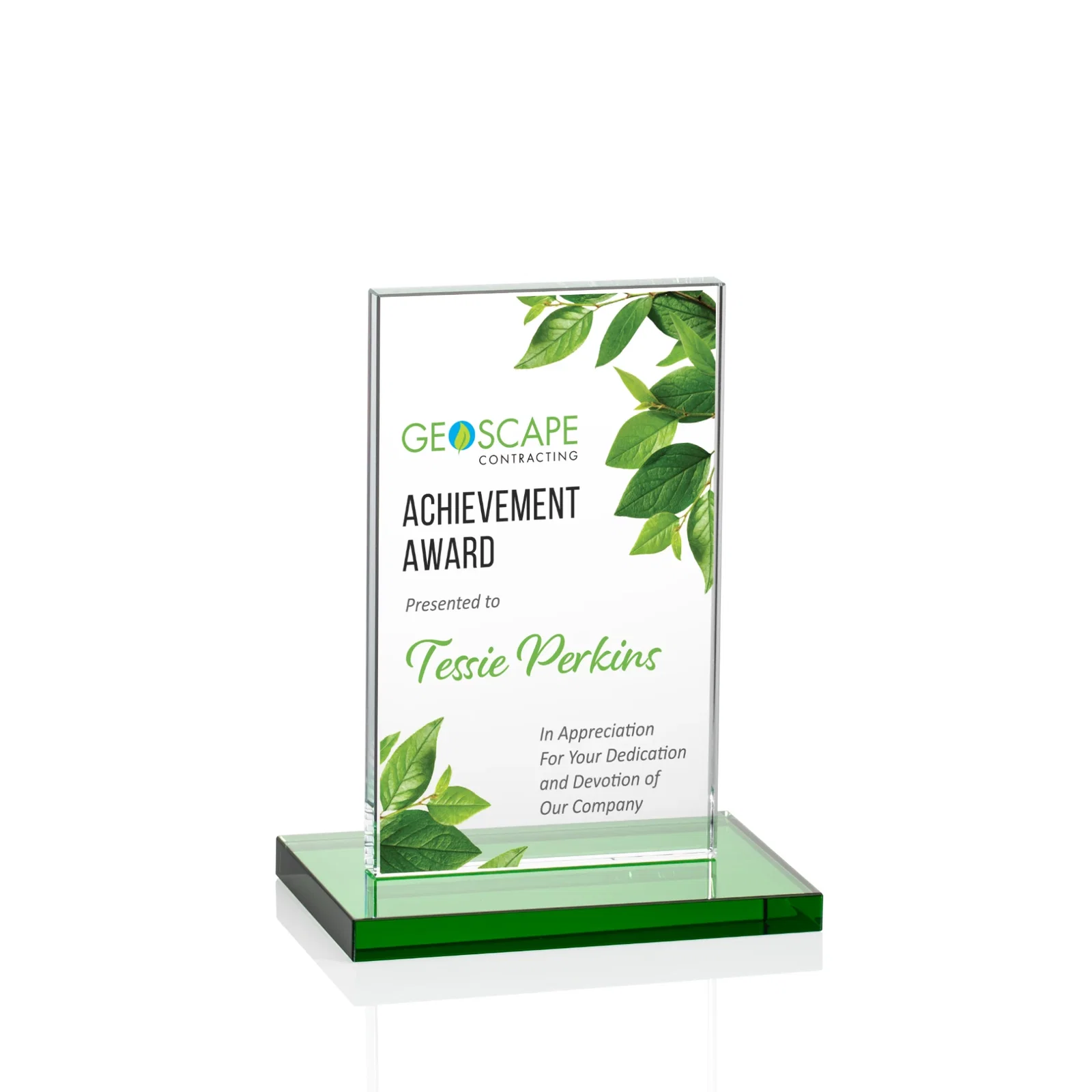 Branded Starfire Crystal Upright Award on Clear Base, awards for team milestone celebrations
