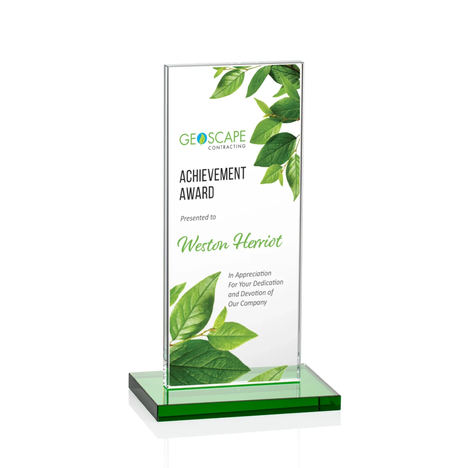 Branded Starfire Crystal Upright Award on Clear Base, awards for donor appreciation