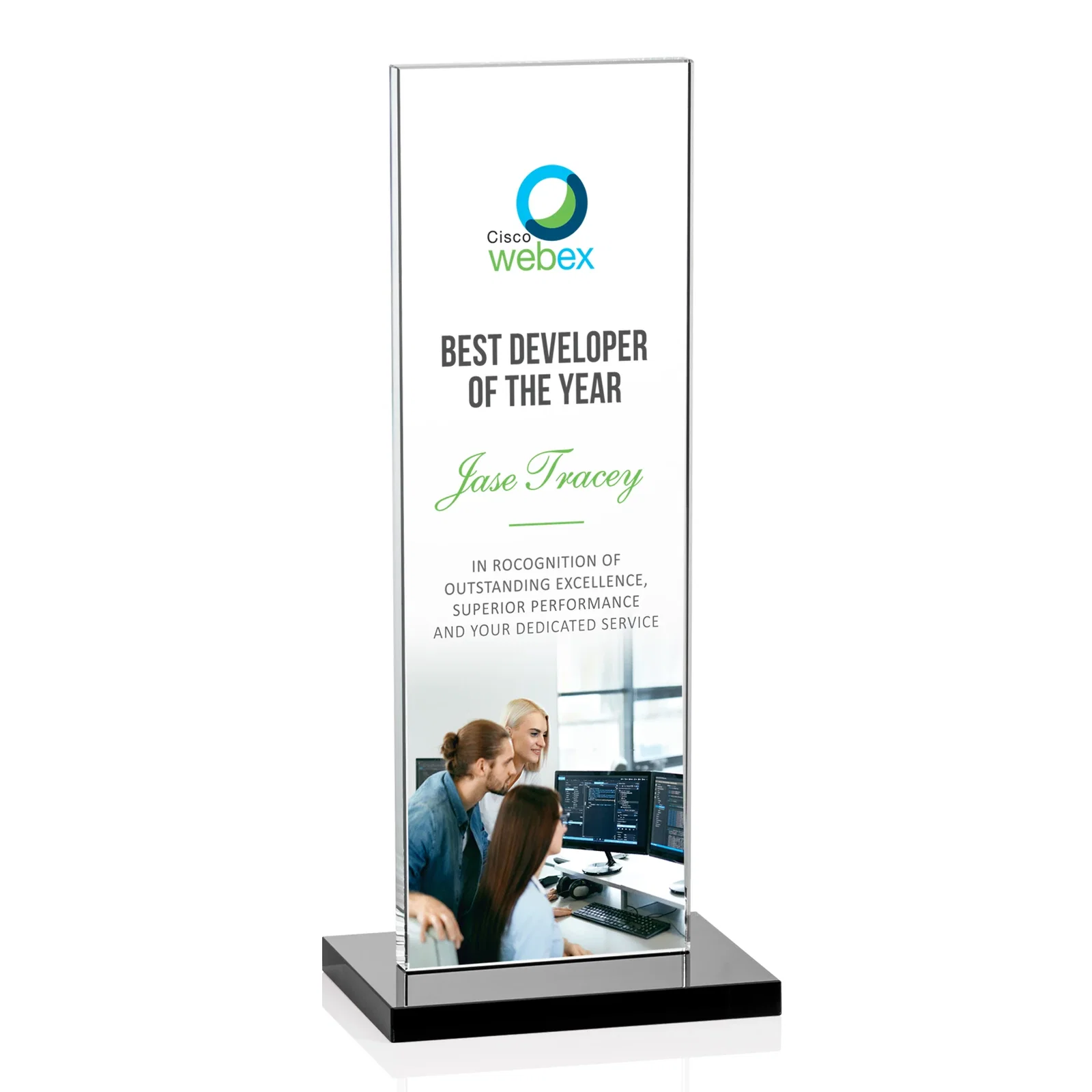 Branded Starfire Crystal Upright Award on Clear Base, awards for company anniversary events
