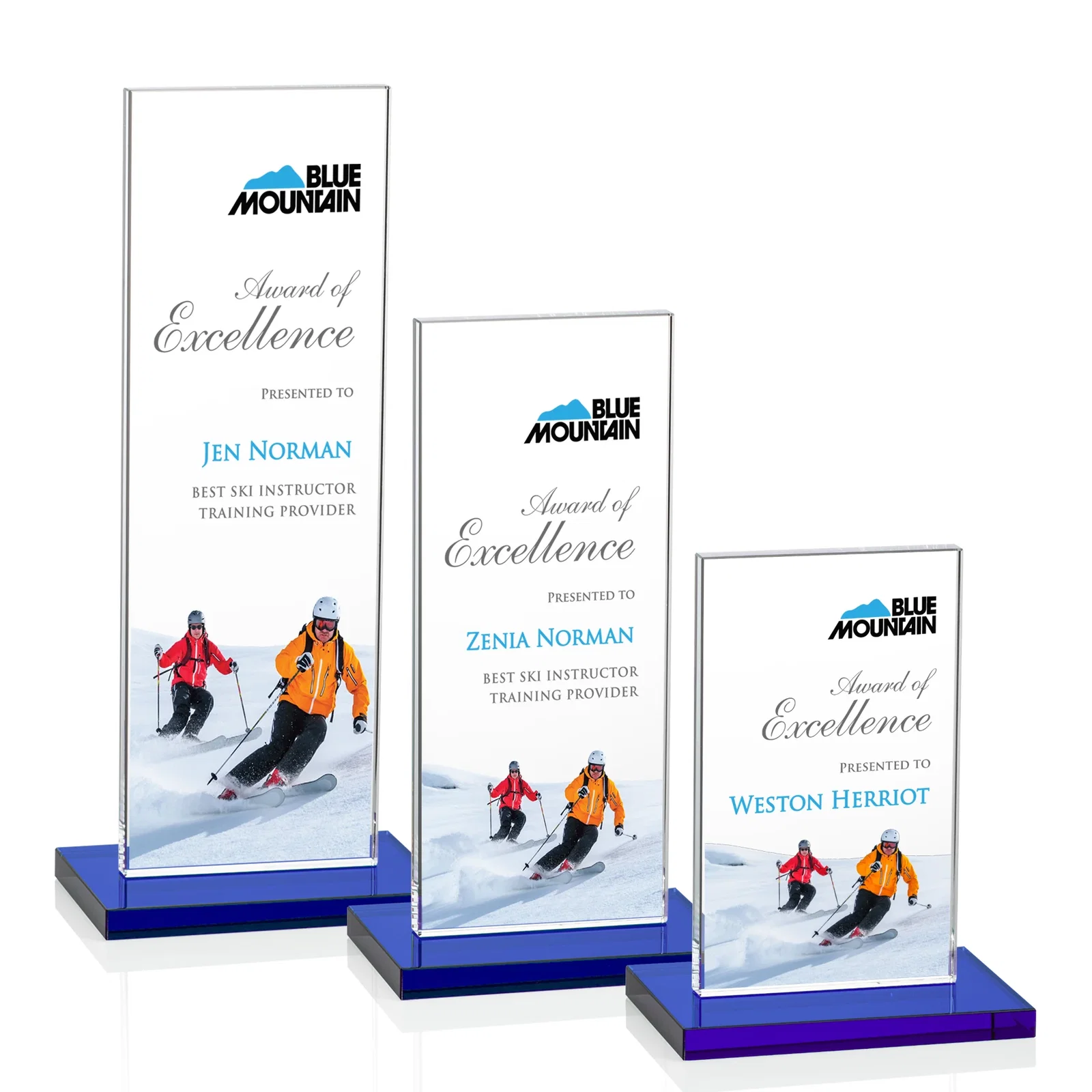 Custom printed Starfire Crystal Upright Award on Clear Base, awards for employee recognition