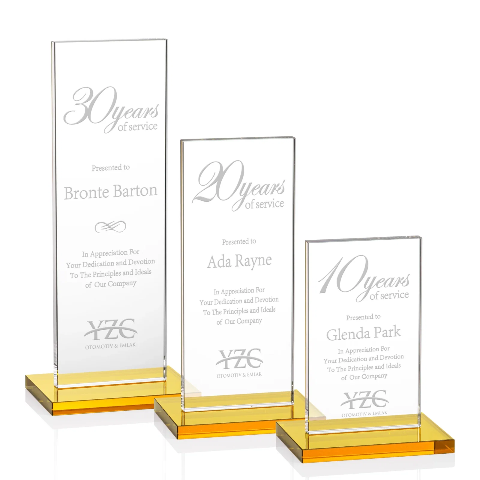Custom Starfire Crystal Upright Award on Clear Base, awards for retirement presentations