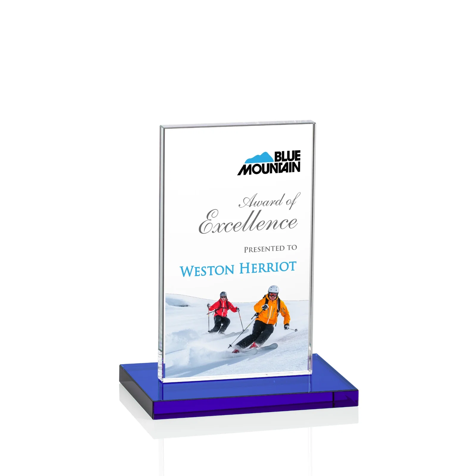 Custom printed Starfire Crystal Upright Award on Clear Base, awards for corporate award ceremonies
