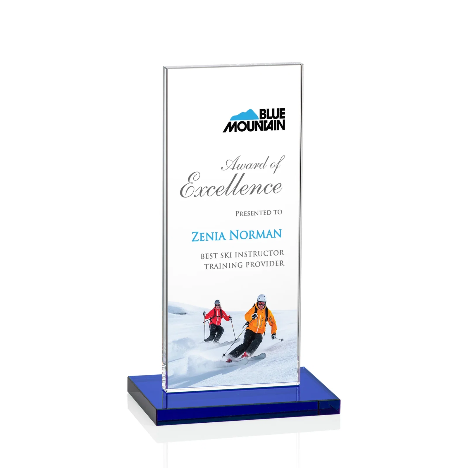 Custom printed Starfire Crystal Upright Award on Clear Base, awards for service anniversary gifts