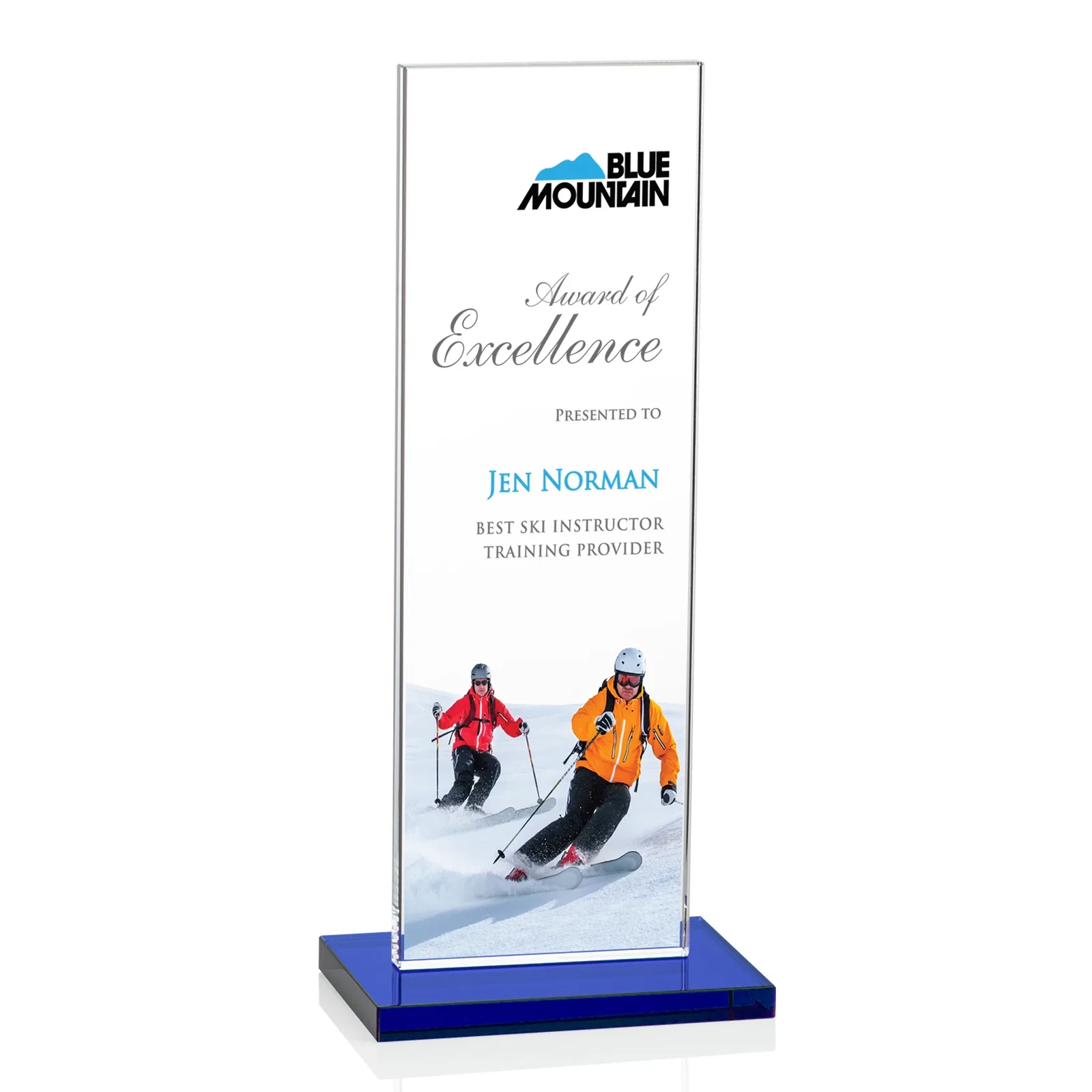 Custom printed Starfire Crystal Upright Award on Clear Base, awards for sales achievement awards