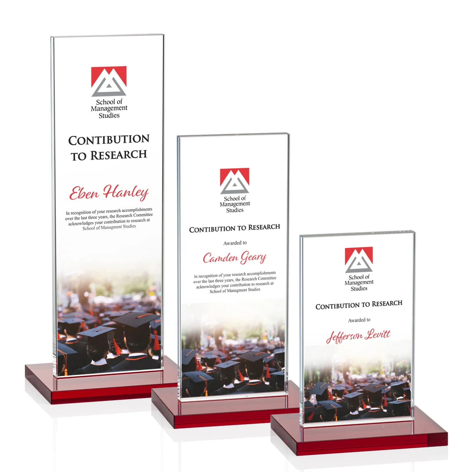 Custom printed Starfire Crystal Upright Award on Clear Base, awards for retirement presentations