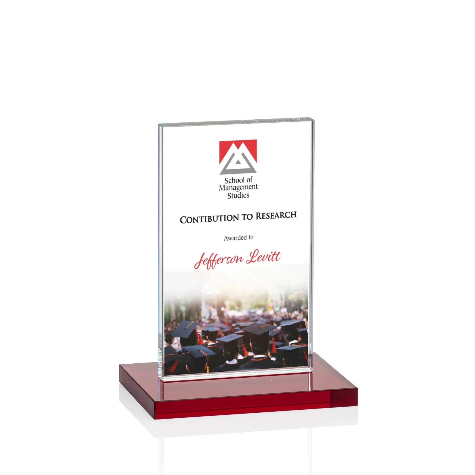 Custom printed Starfire Crystal Upright Award on Clear Base, awards for team milestone celebrations