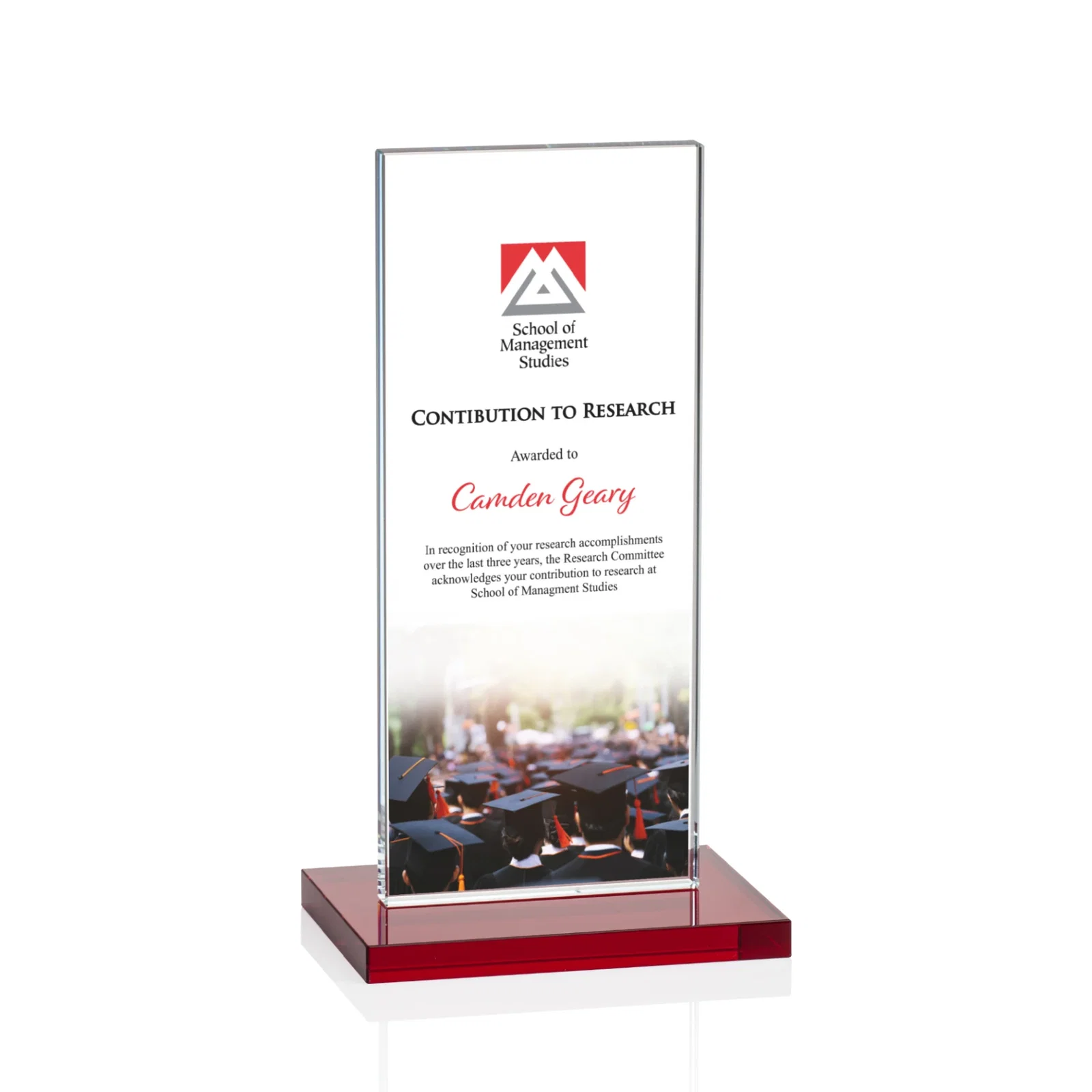 Custom printed Starfire Crystal Upright Award on Clear Base, awards for donor appreciation