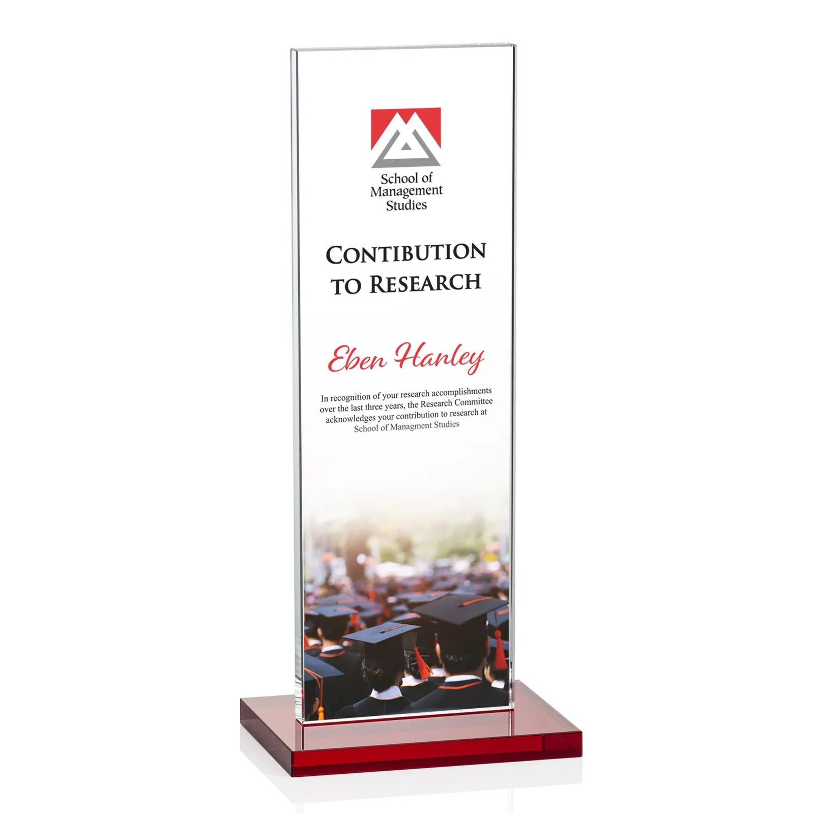 Custom printed Starfire Crystal Upright Award on Clear Base, awards for graduation ceremonies