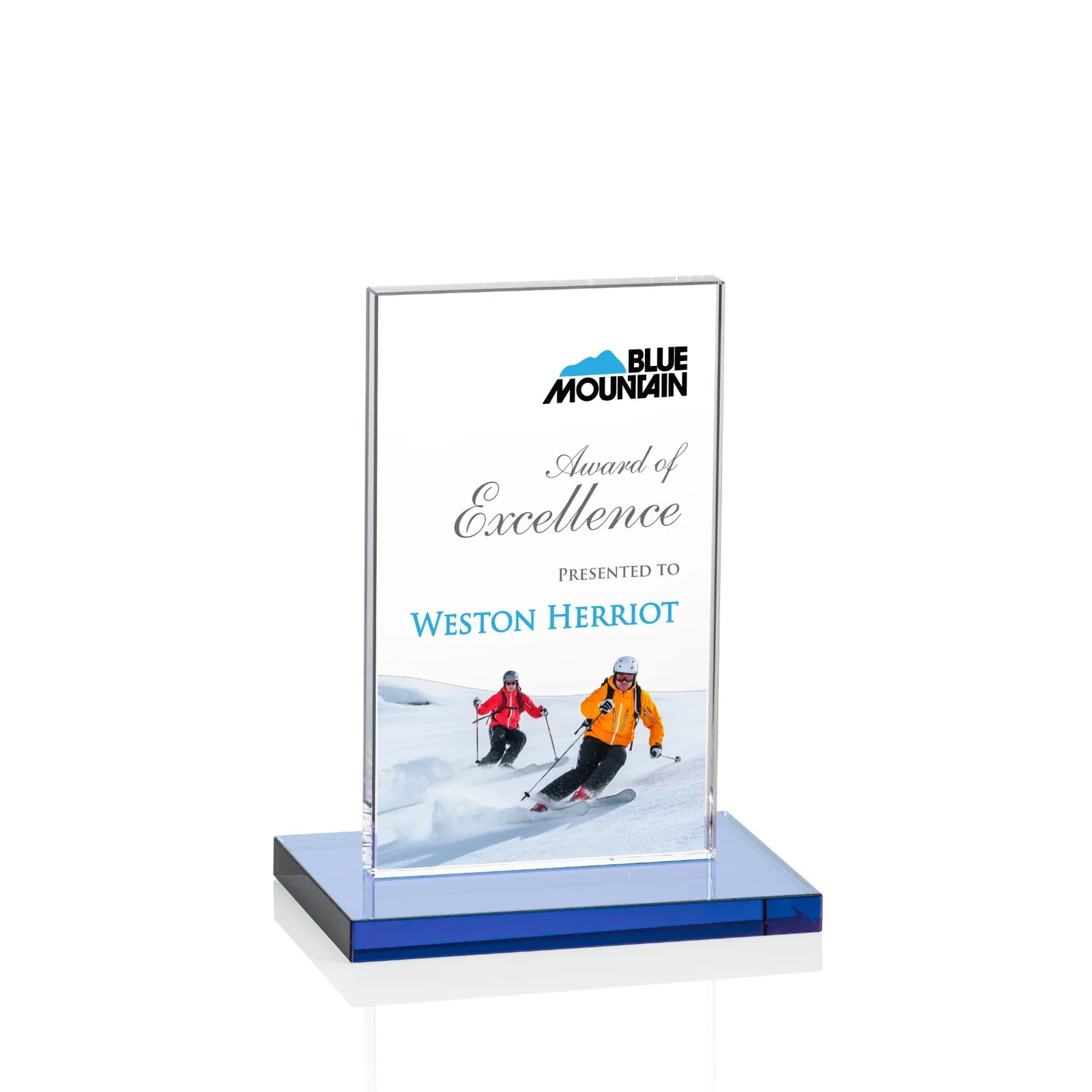 Custom printed Starfire Crystal Upright Award on Clear Base, awards for volunteer appreciation