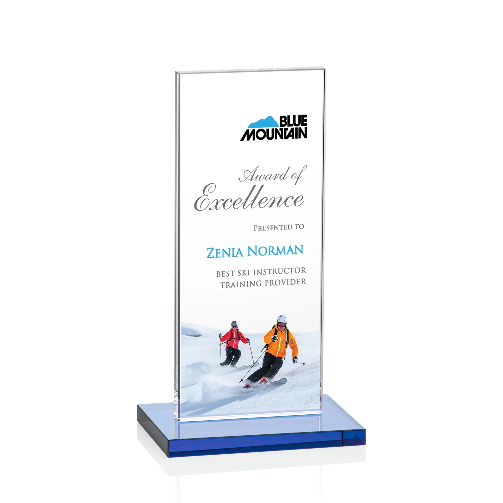 Custom printed Starfire Crystal Upright Award on Clear Base, awards for dealer and partner awards