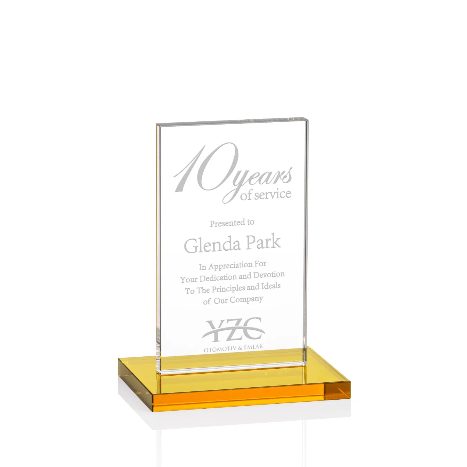 Custom Starfire Crystal Upright Award on Clear Base, awards for team milestone celebrations
