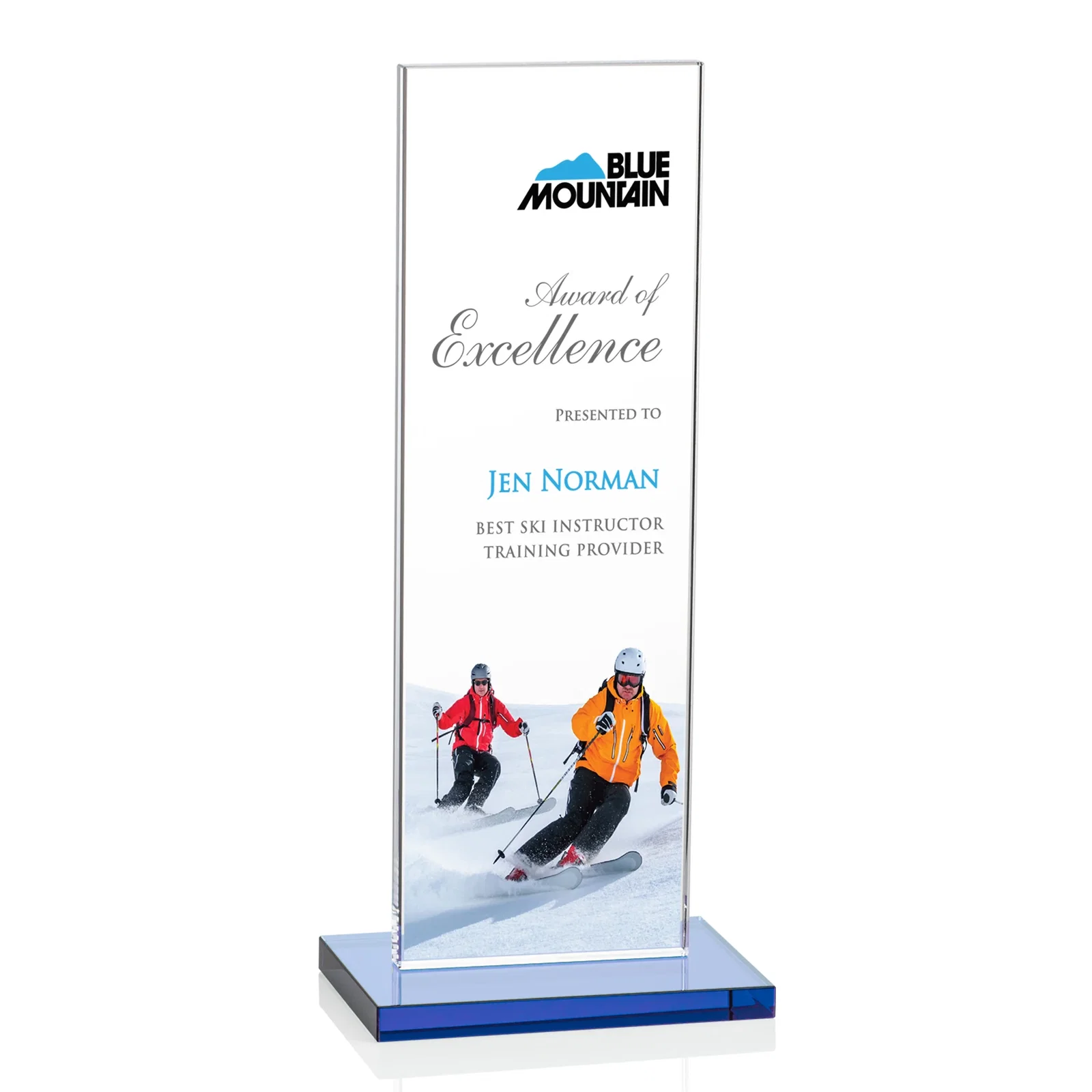 Custom printed Starfire Crystal Upright Award on Clear Base, awards for company anniversary events