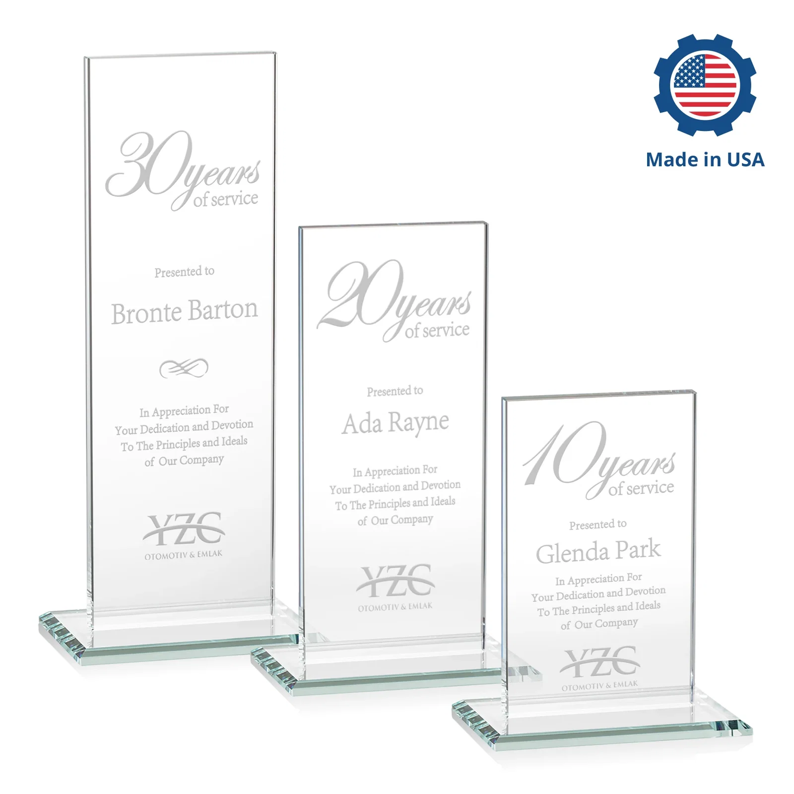 Customized Starfire Crystal Upright Award on Clear Base, awards for retirement presentations
