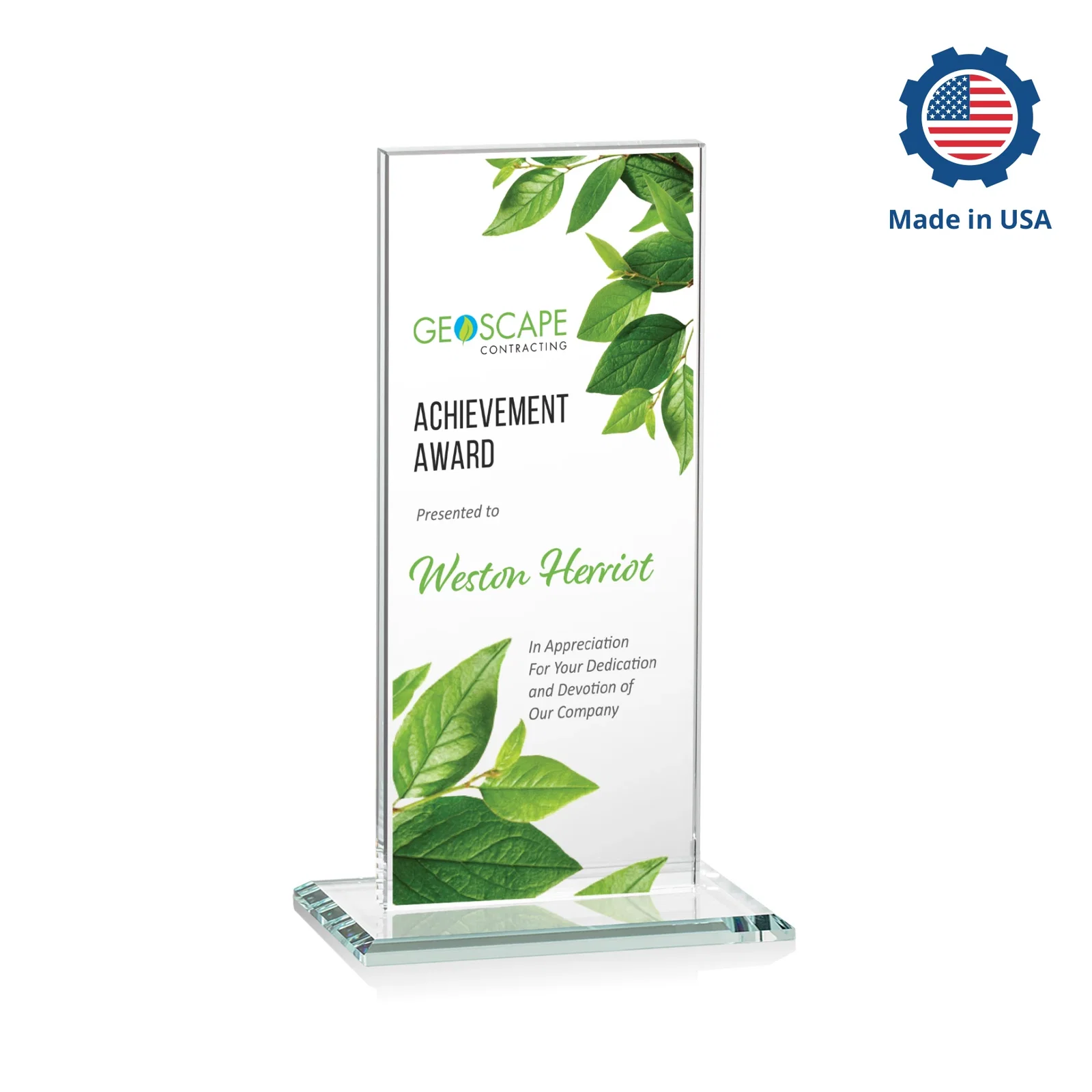 Customized Starfire Crystal Upright Award on Clear Base, awards for dealer and partner awards