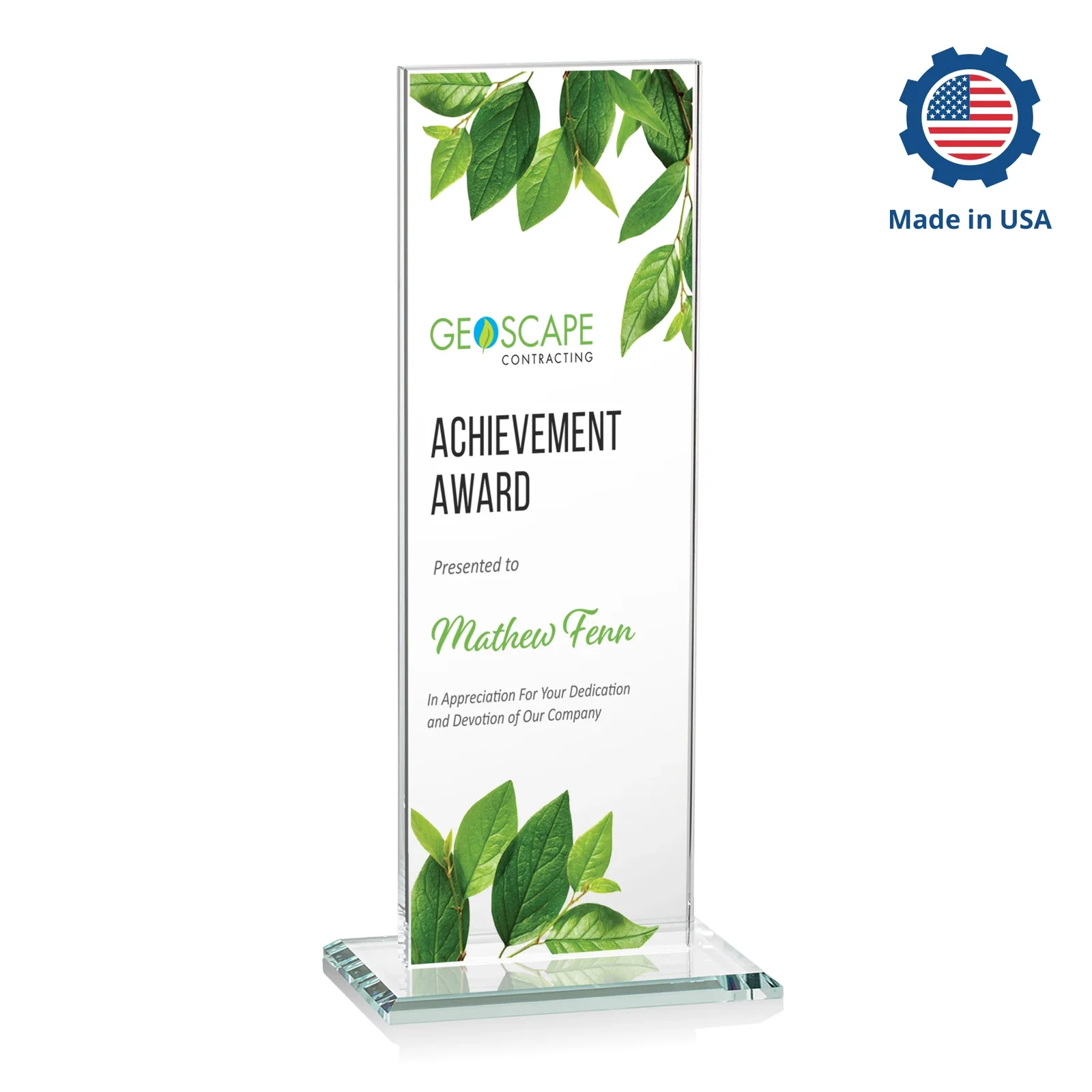 Customized Starfire Crystal Upright Award on Clear Base, awards for company anniversary events