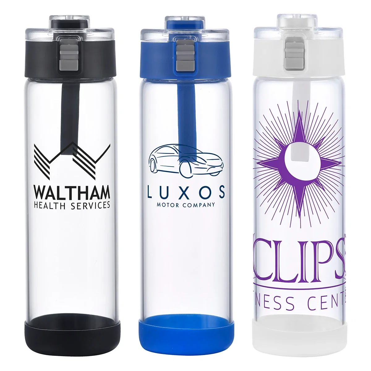 Custom Hector 22 oz Push-Button Glass Bottle, front view of the branded bottle with silicone strap and base