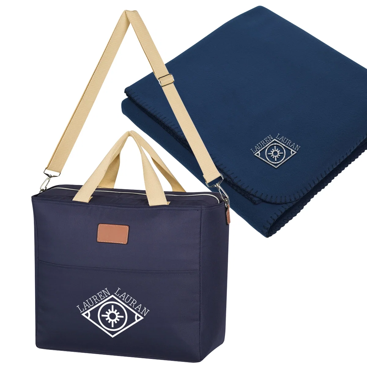 Cooler bag paired with a rolled fleece blanket