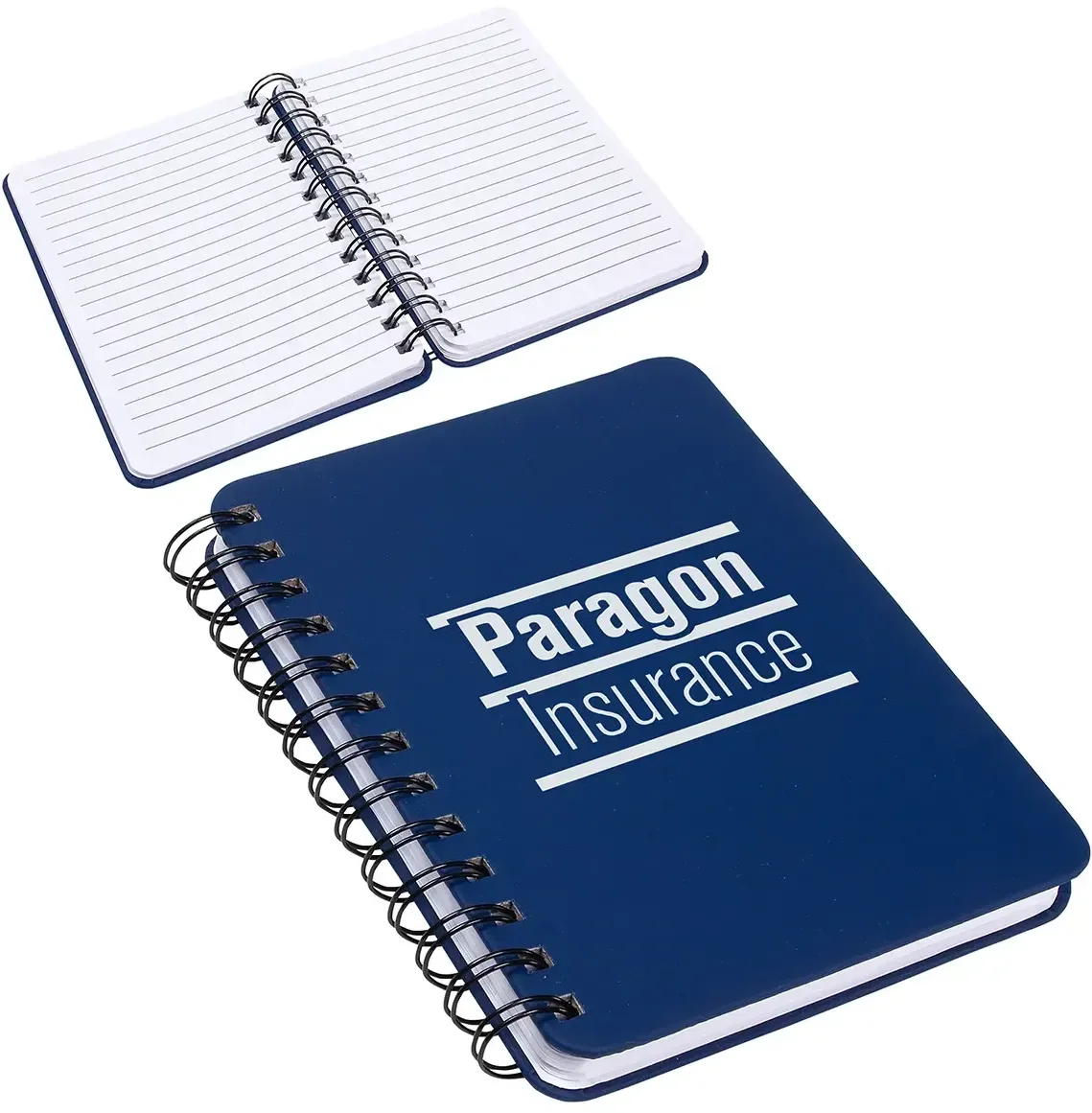 Branded Hefty notebook opened flat on its spiral binding, custom promotional hardcover notebook
