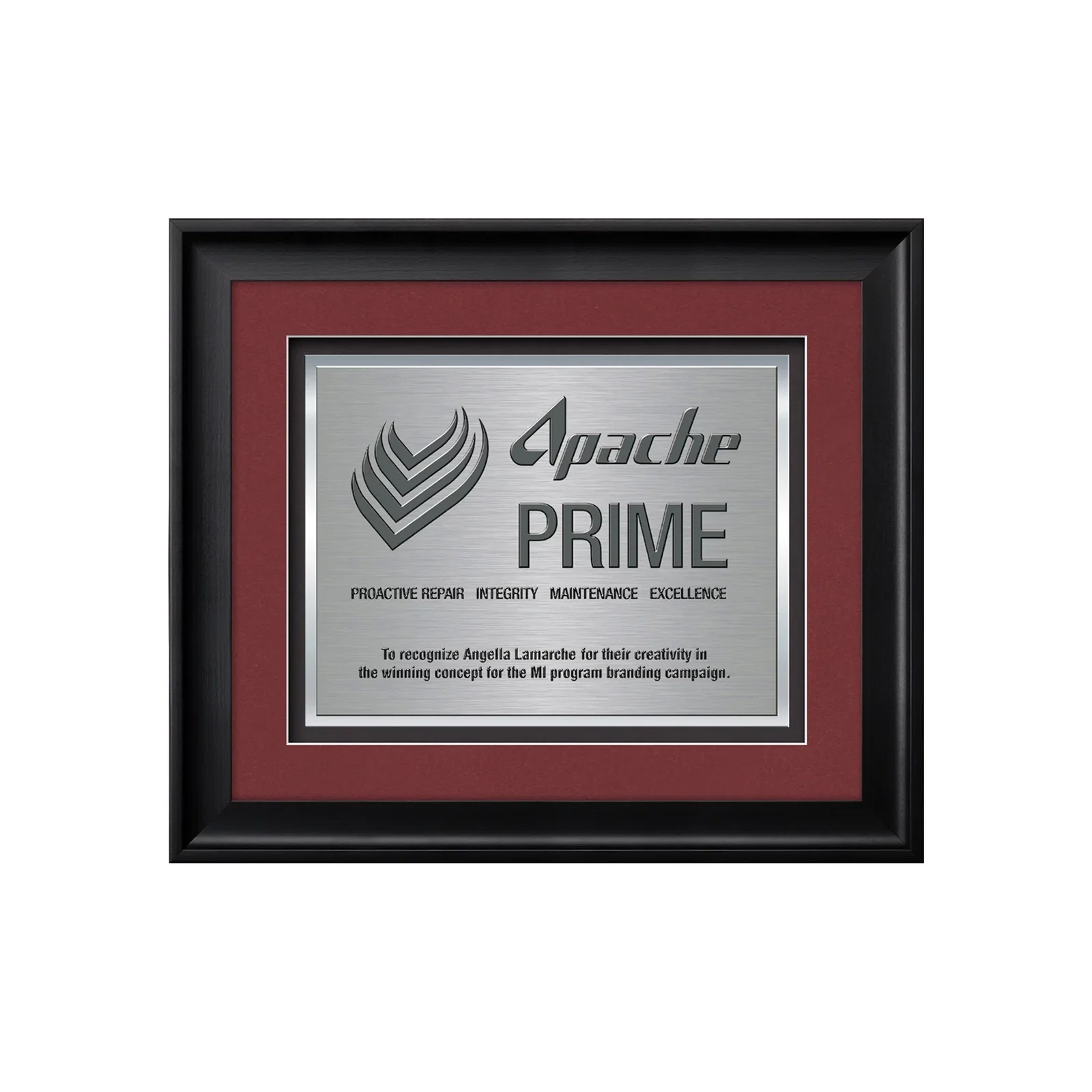 Custom TexEtch Metal Plate Award In Ebony Frame, Matte Color Options for corporate award ceremonies