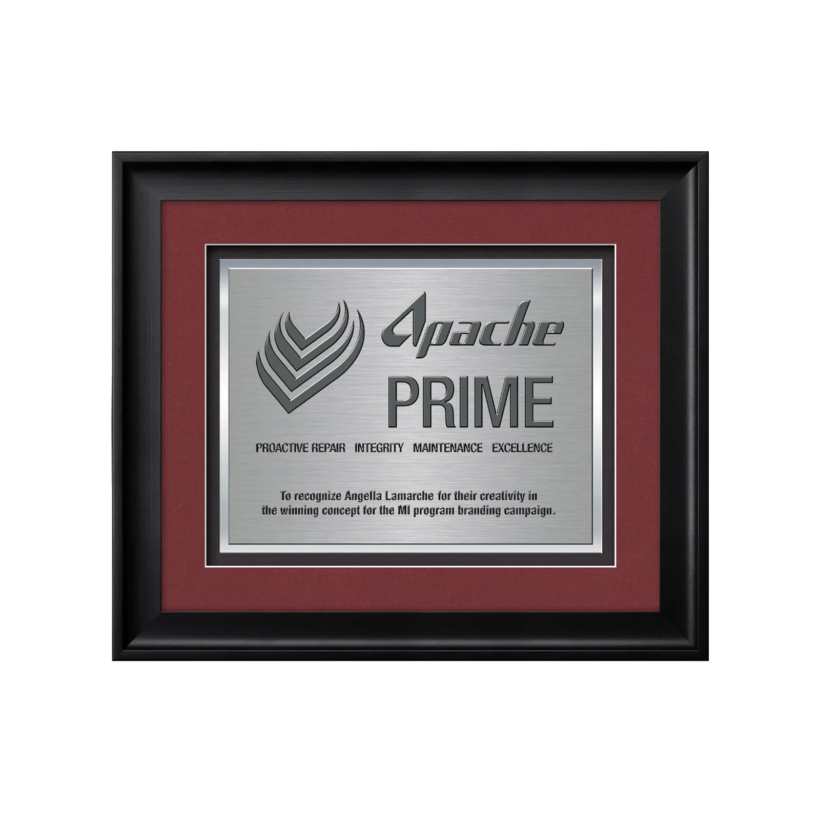 Custom TexEtch Metal Plate Award In Ebony Frame, Matte Color Options for service anniversary gifts