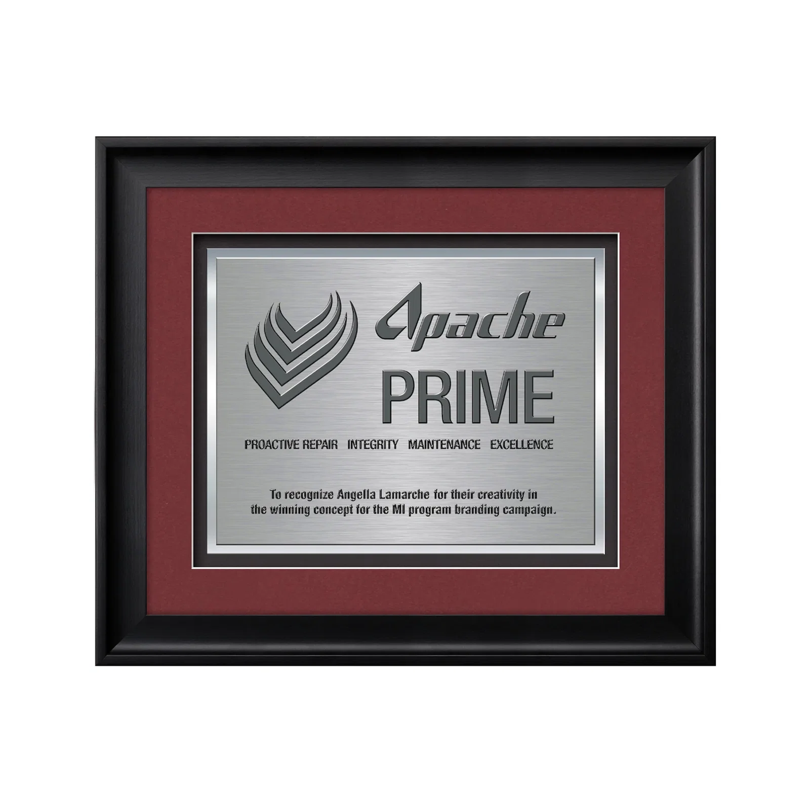 Custom TexEtch Metal Plate Award In Ebony Frame, Matte Color Options for sales achievement awards