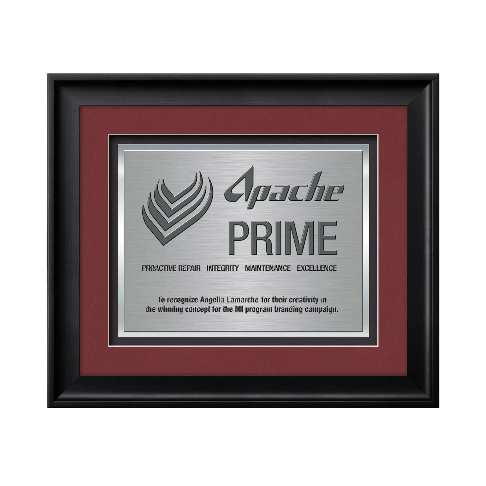 Custom TexEtch Metal Plate Award In Ebony Frame, Matte Color Options for retirement presentations