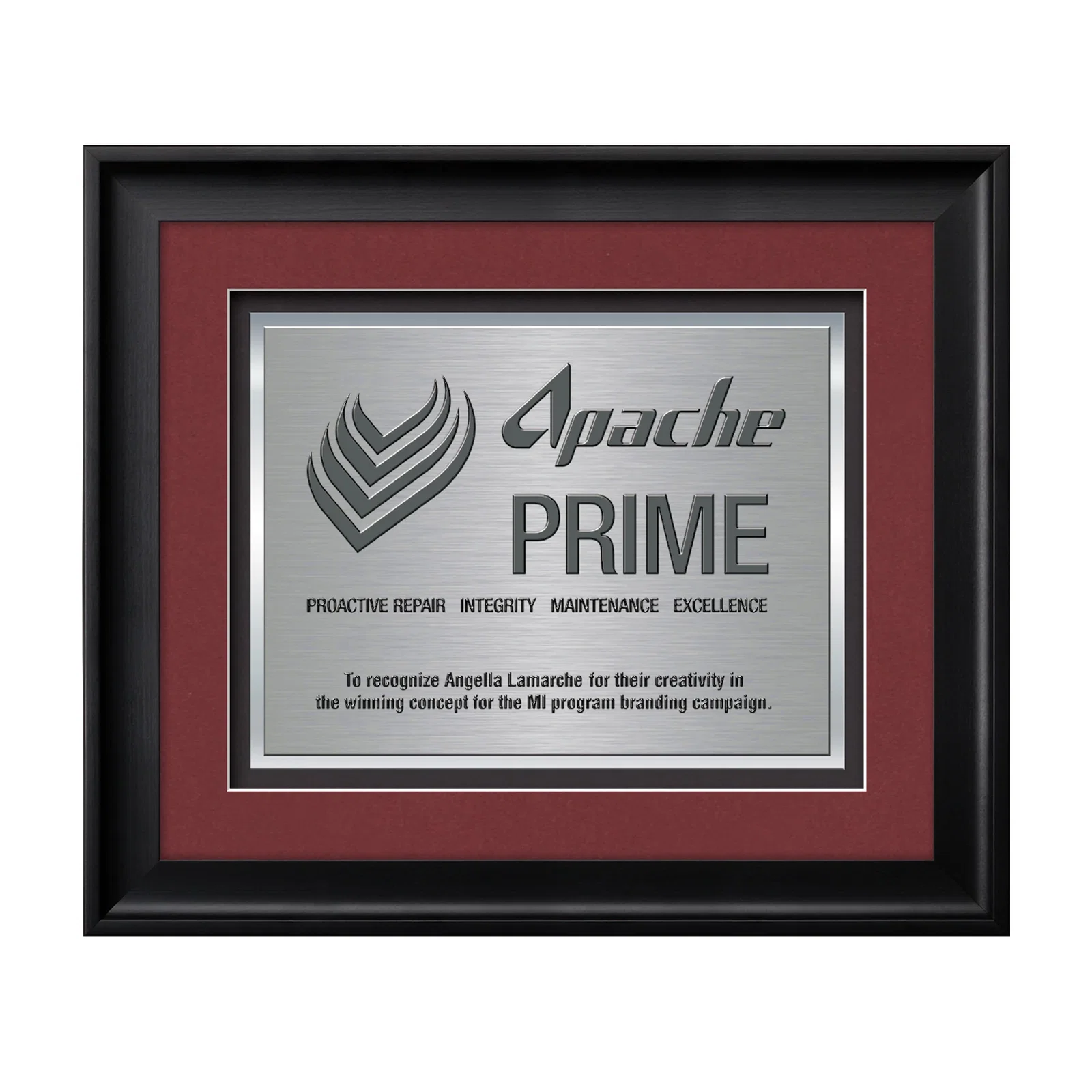 Custom TexEtch Metal Plate Award In Ebony Frame, Matte Color Options for team milestone celebrations