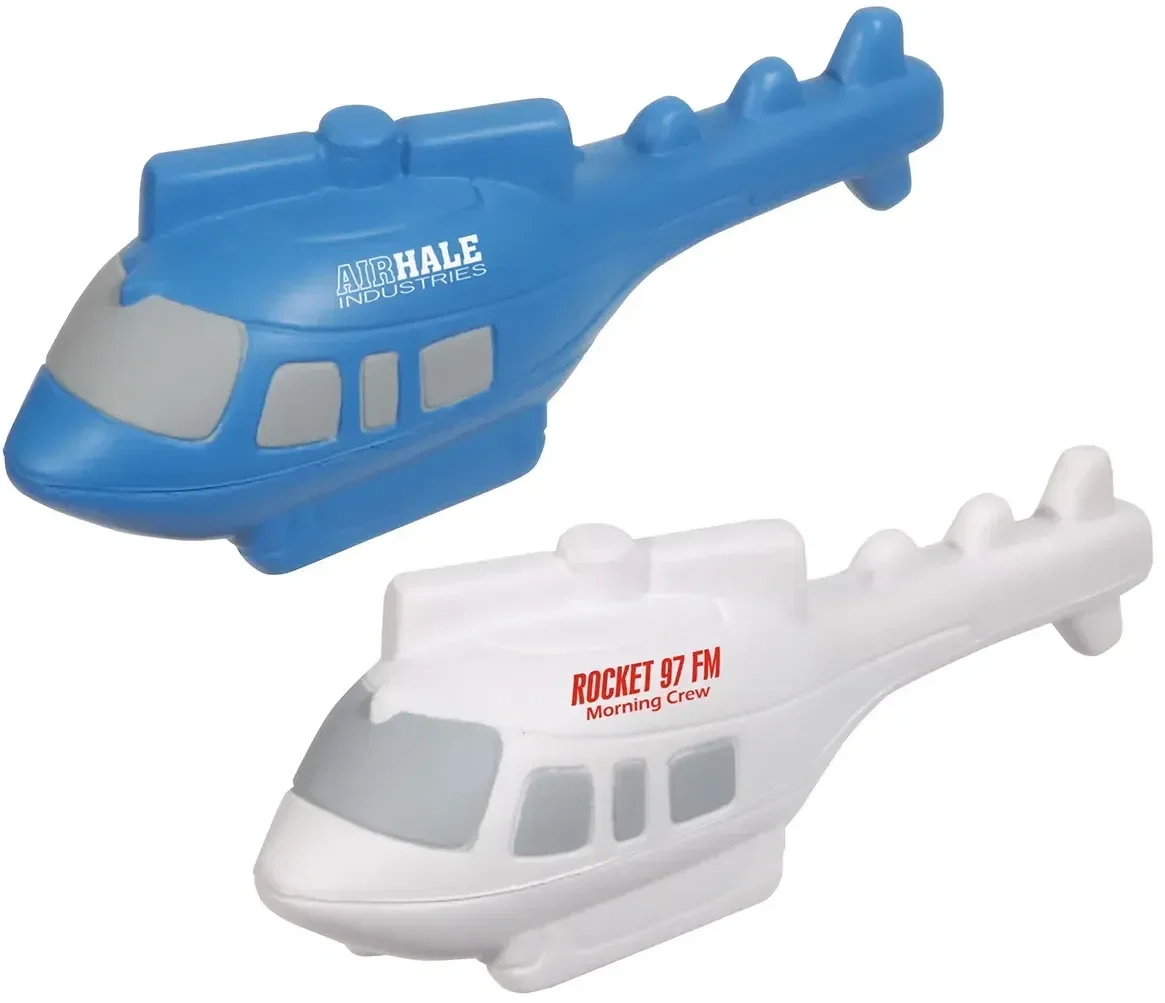 Helicopter Stress Reliever, custom rotor-chopper foam squeeze toy, front view for branded logo giveaways