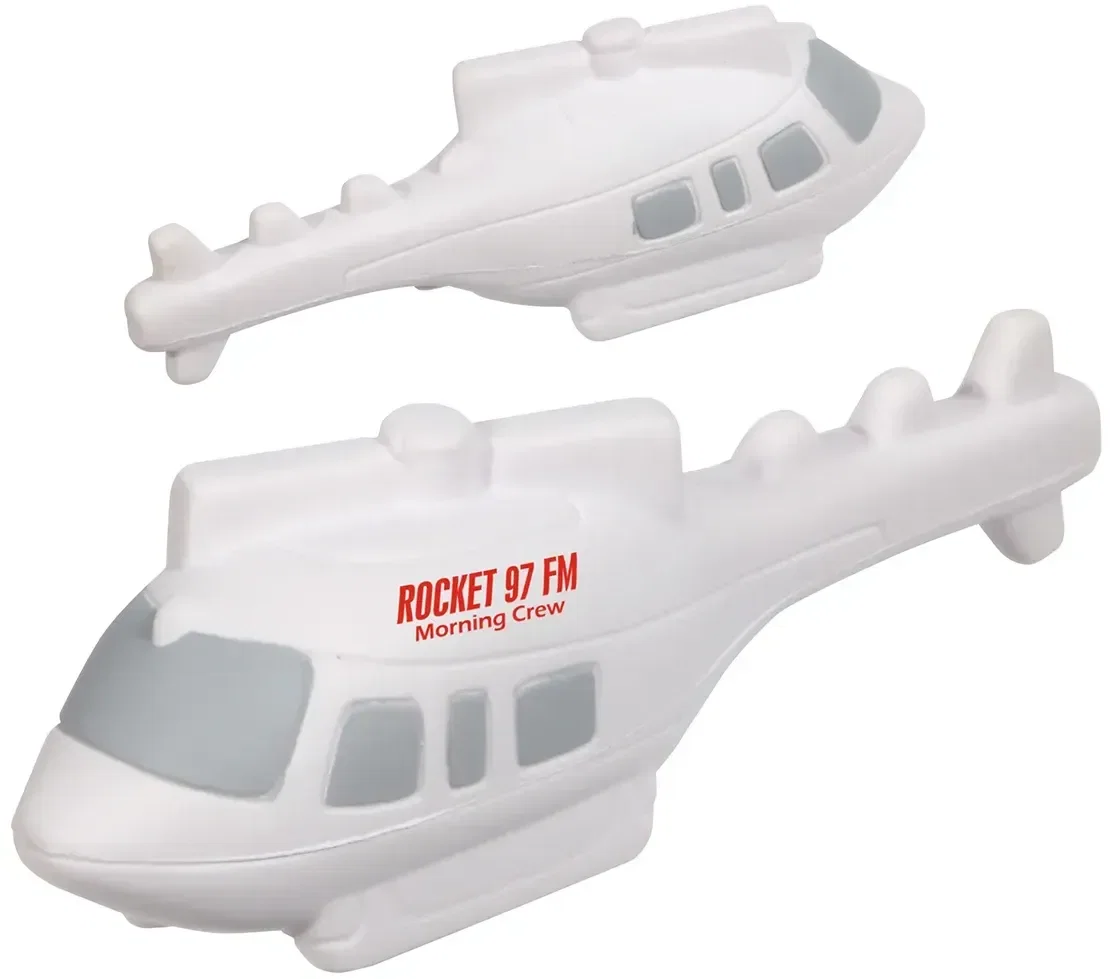 Helicopter Stress Reliever custom foam squeeze toy, side profile showing branded logo imprint area