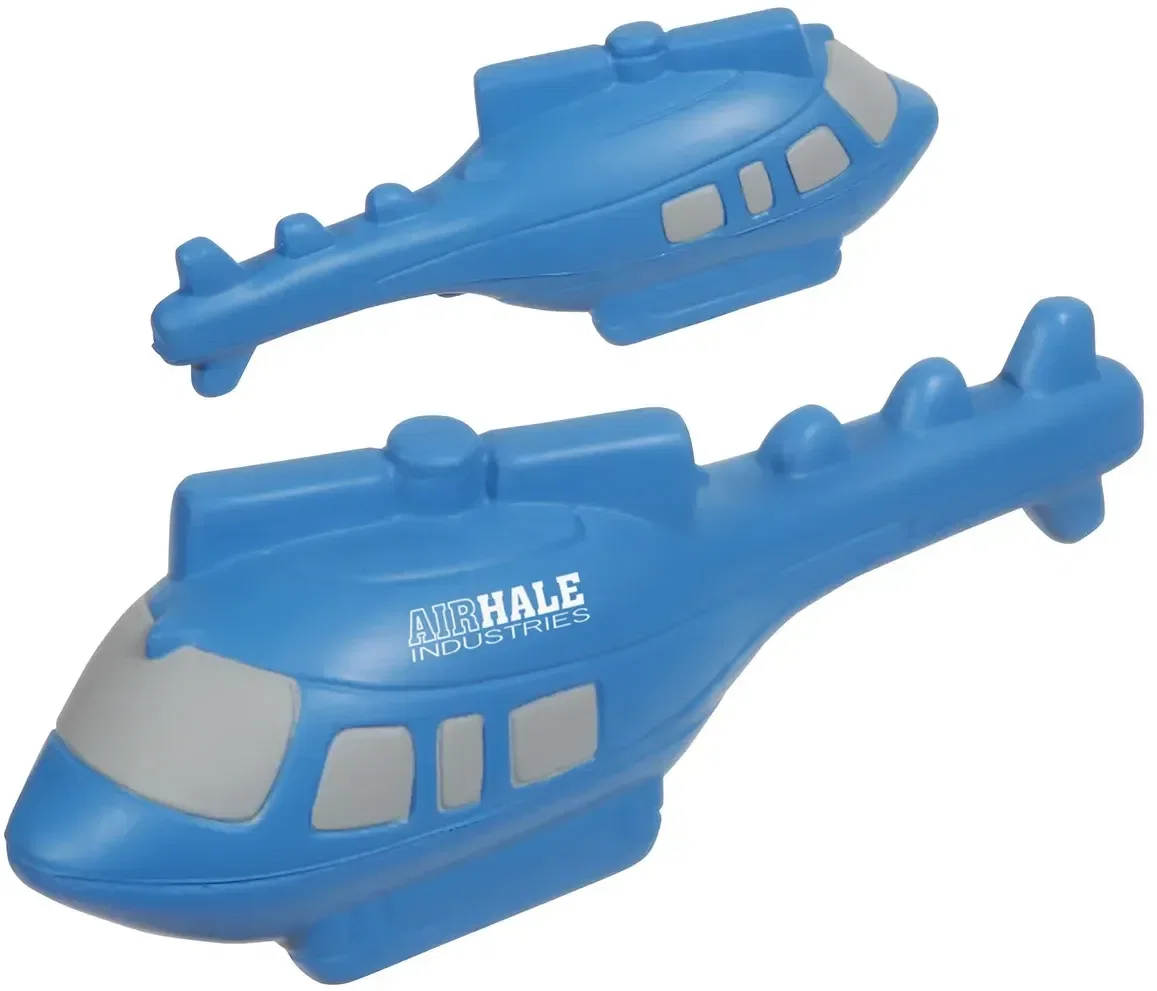 Helicopter Stress Reliever custom foam squeeze toy, angled view of promotional aviation giveaway