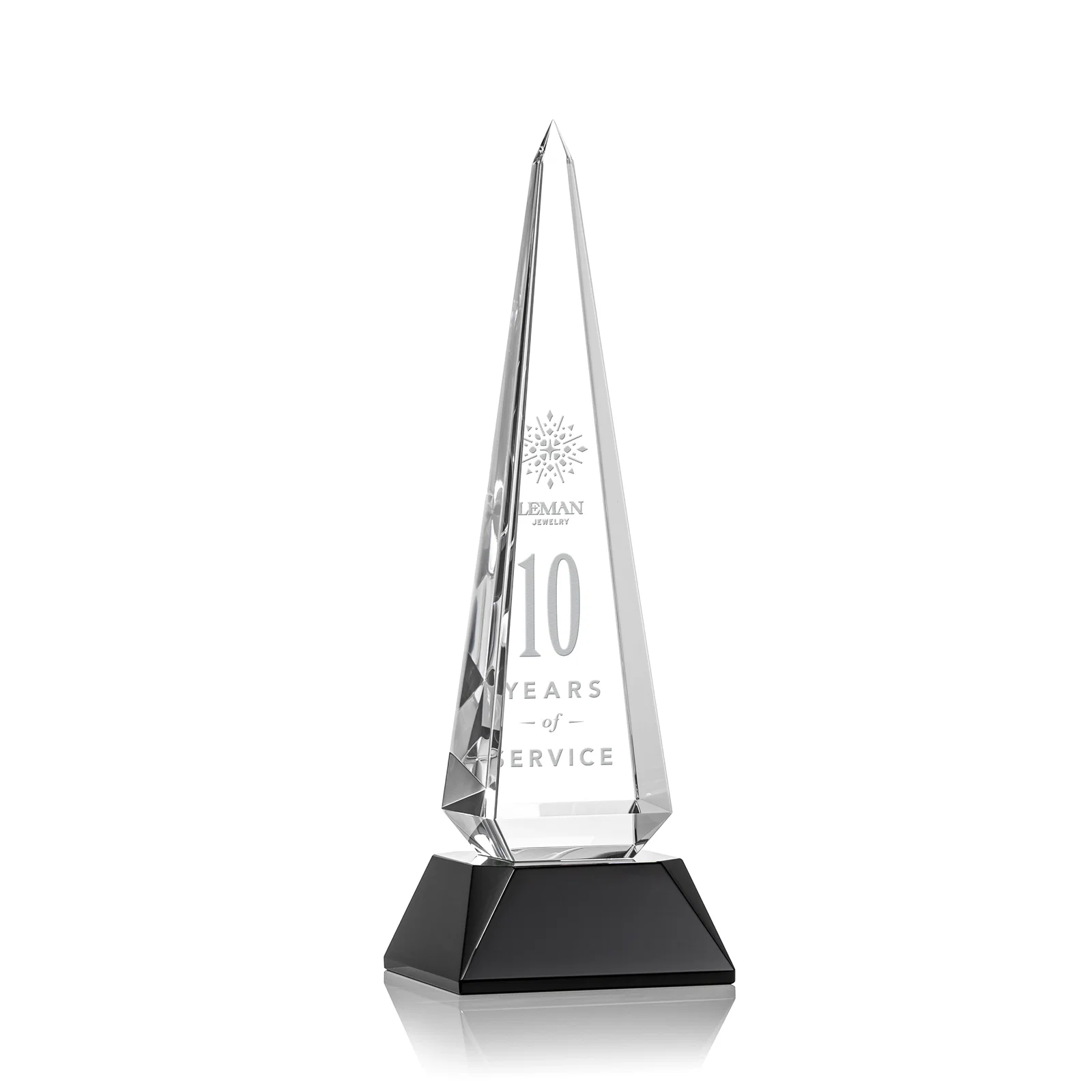 Custom Optical Crystal Obelisk Award with Stepped Taper for volunteer appreciation