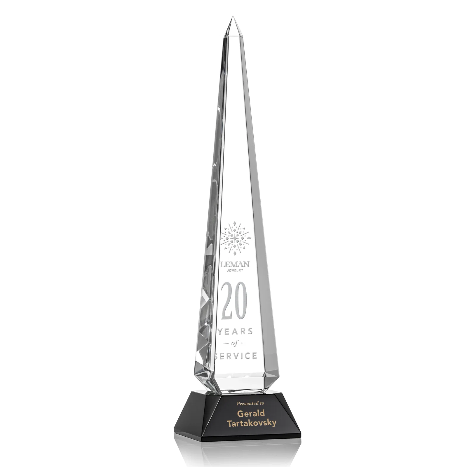 Custom Optical Crystal Obelisk Award with Stepped Taper for company anniversary events