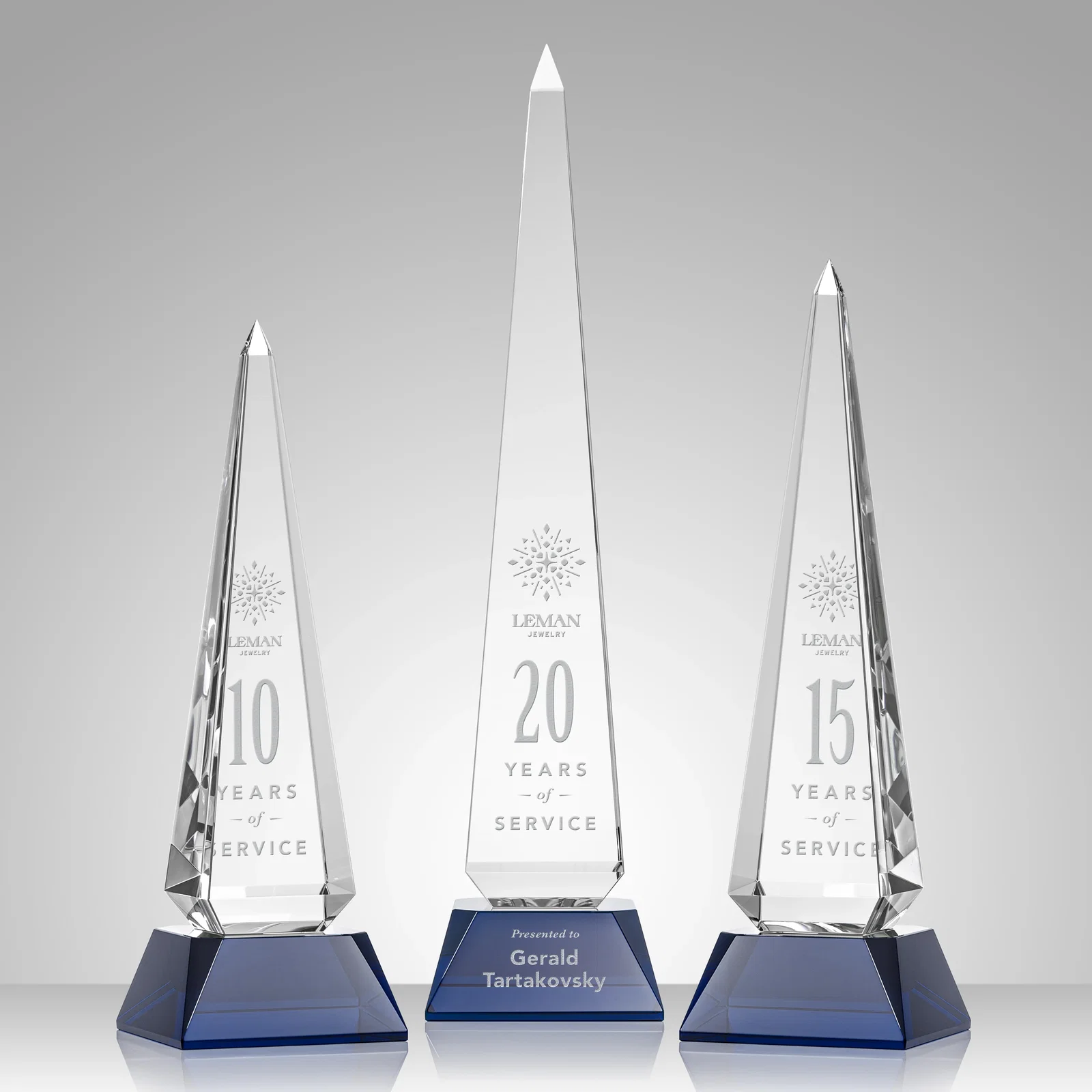 Personalized Optical Crystal Obelisk Award with Stepped Taper for employee recognition