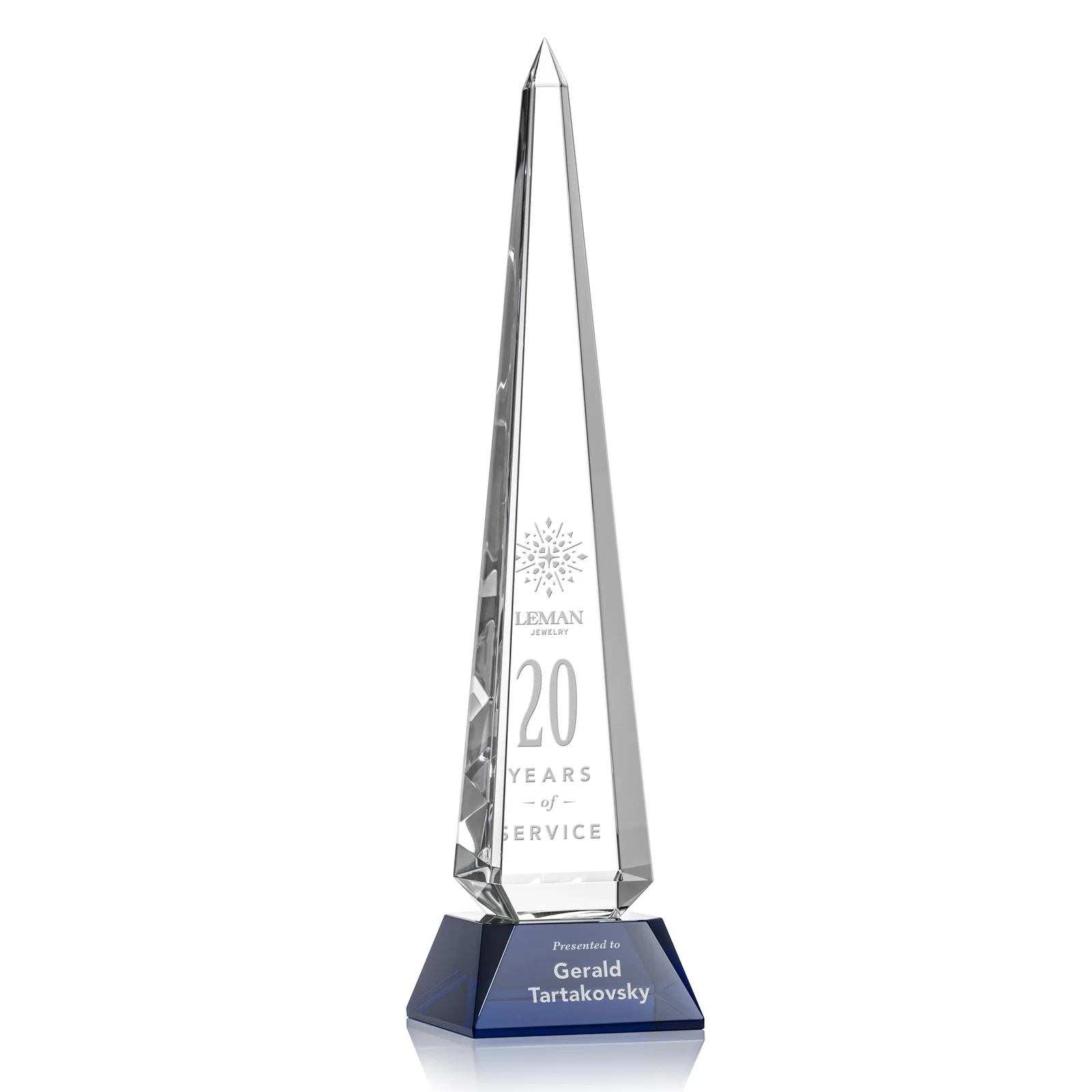 Personalized Optical Crystal Obelisk Award with Stepped Taper for sales achievement awards